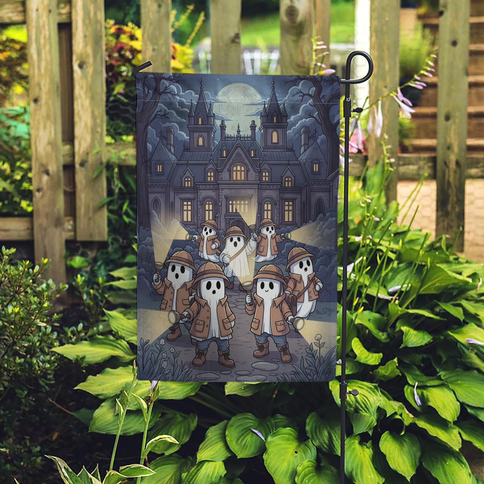 Ghost Detective Haunted Mansion Flag – Spooky Halloween Garden Flag, Haunted House Yard Decor, Trick or Treat Outdoor Flag