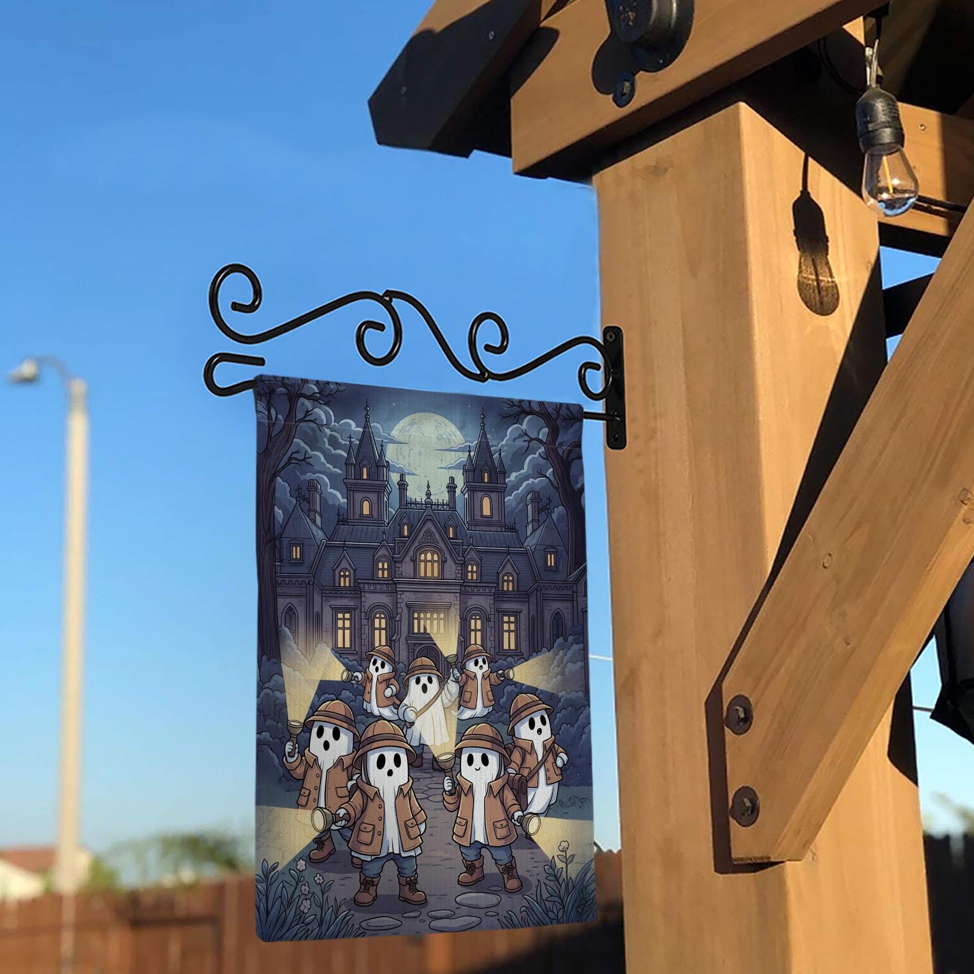 Ghost Detective Haunted Mansion Flag – Spooky Halloween Garden Flag, Haunted House Yard Decor, Trick or Treat Outdoor Flag
