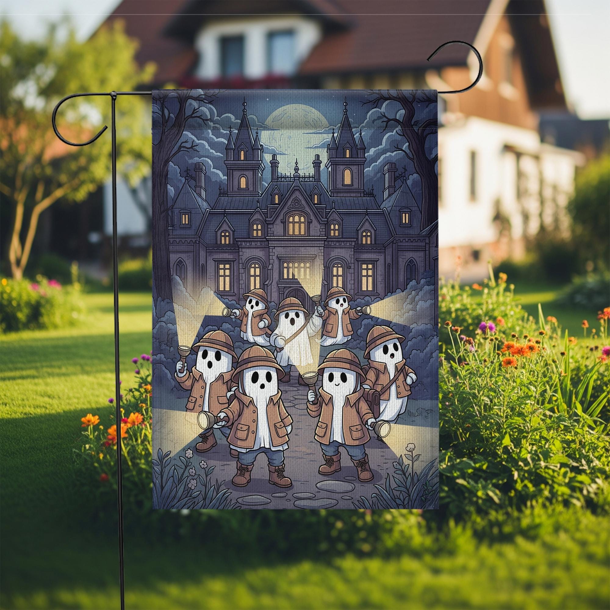 Ghost Detective Haunted Mansion Flag – Spooky Halloween Garden Flag, Haunted House Yard Decor, Trick or Treat Outdoor Flag