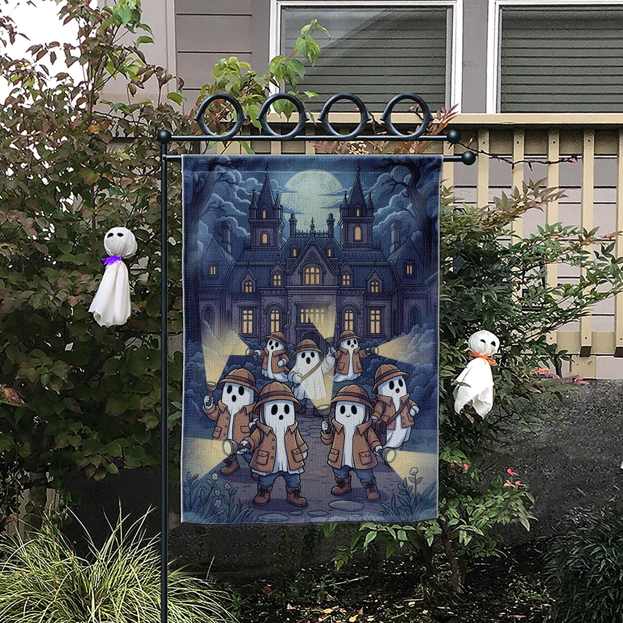 Ghost Detective Haunted Mansion Flag – Spooky Halloween Garden Flag, Haunted House Yard Decor, Trick or Treat Outdoor Flag