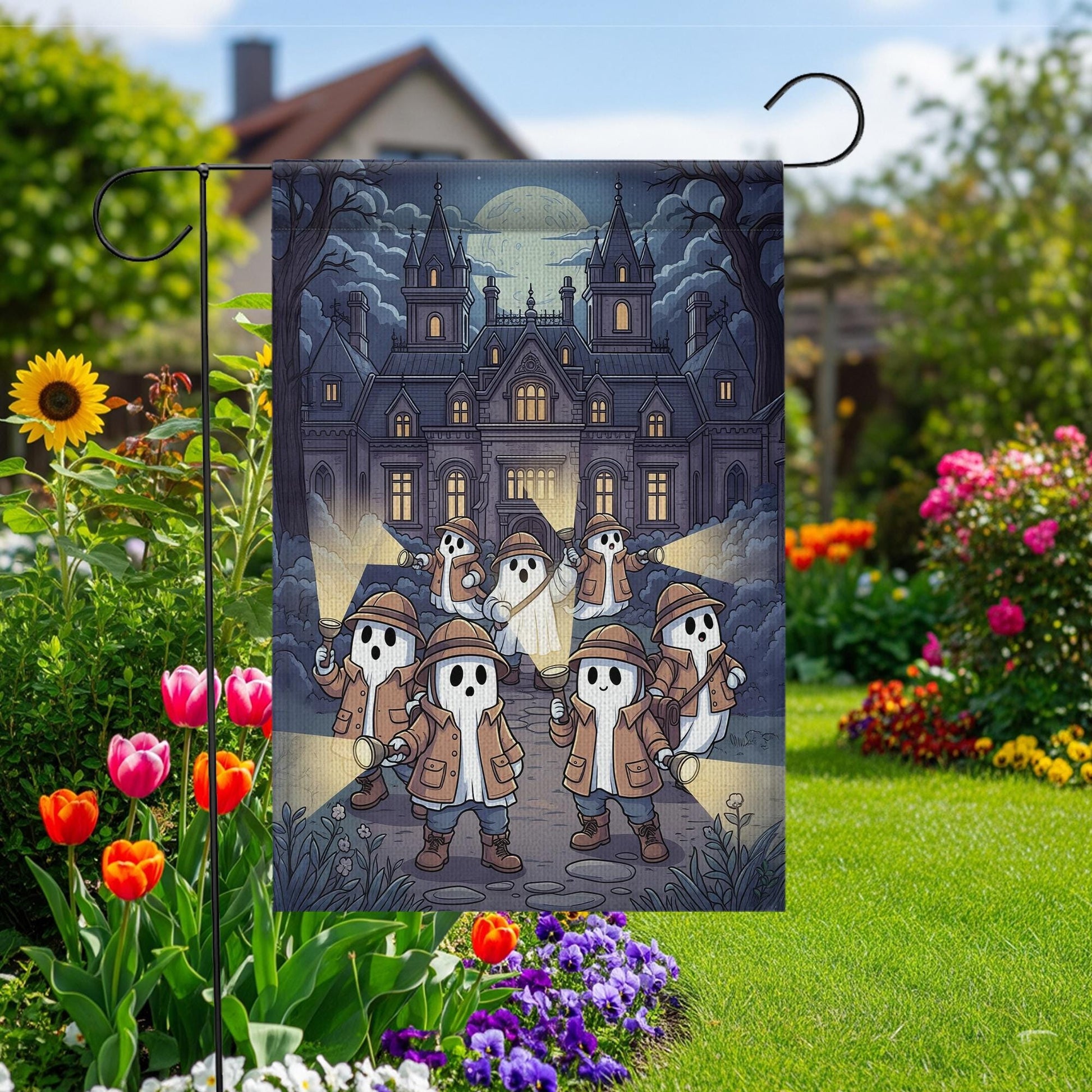 Ghost Detective Haunted Mansion Flag – Spooky Halloween Garden Flag, Haunted House Yard Decor, Trick or Treat Outdoor Flag