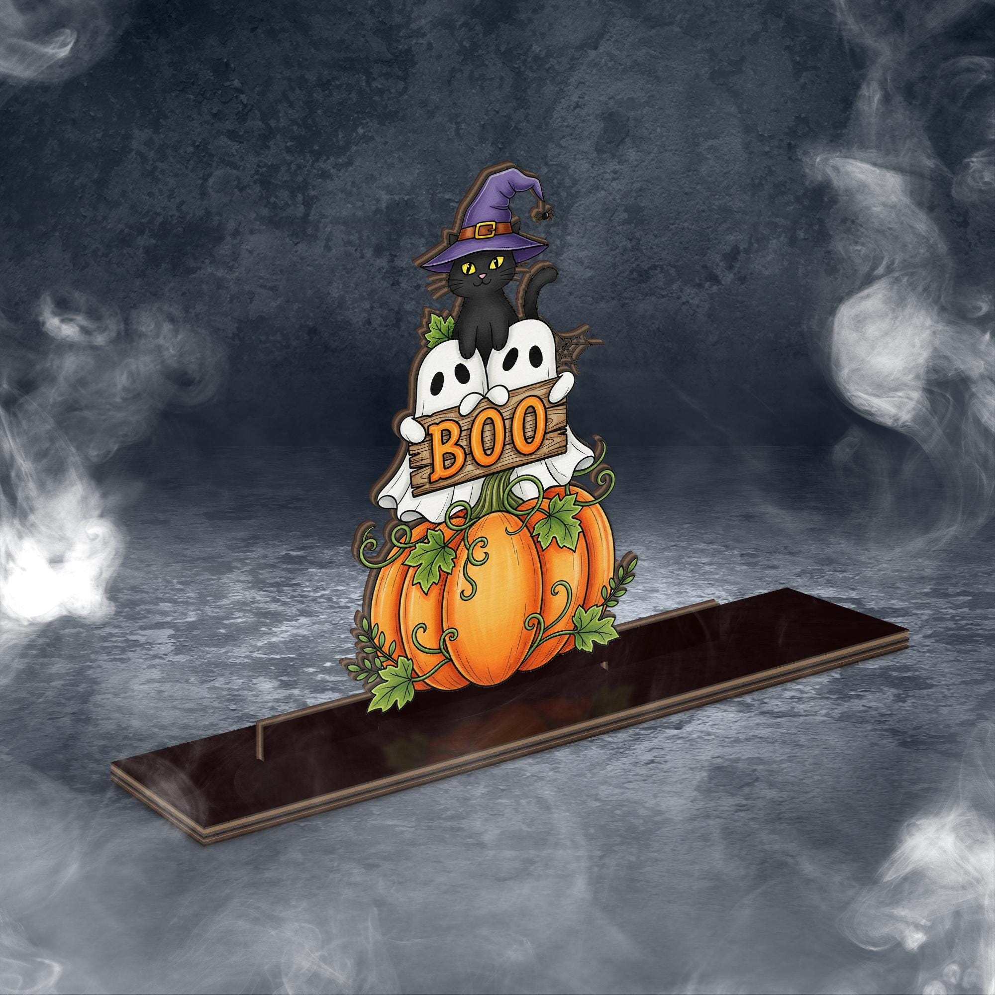 Halloween Wood Standee – Cute Ghost Pumpkin Cat “BOO” Sign – Spooky Fall Tabletop Decor for Trick or Treat & Autumn Display
