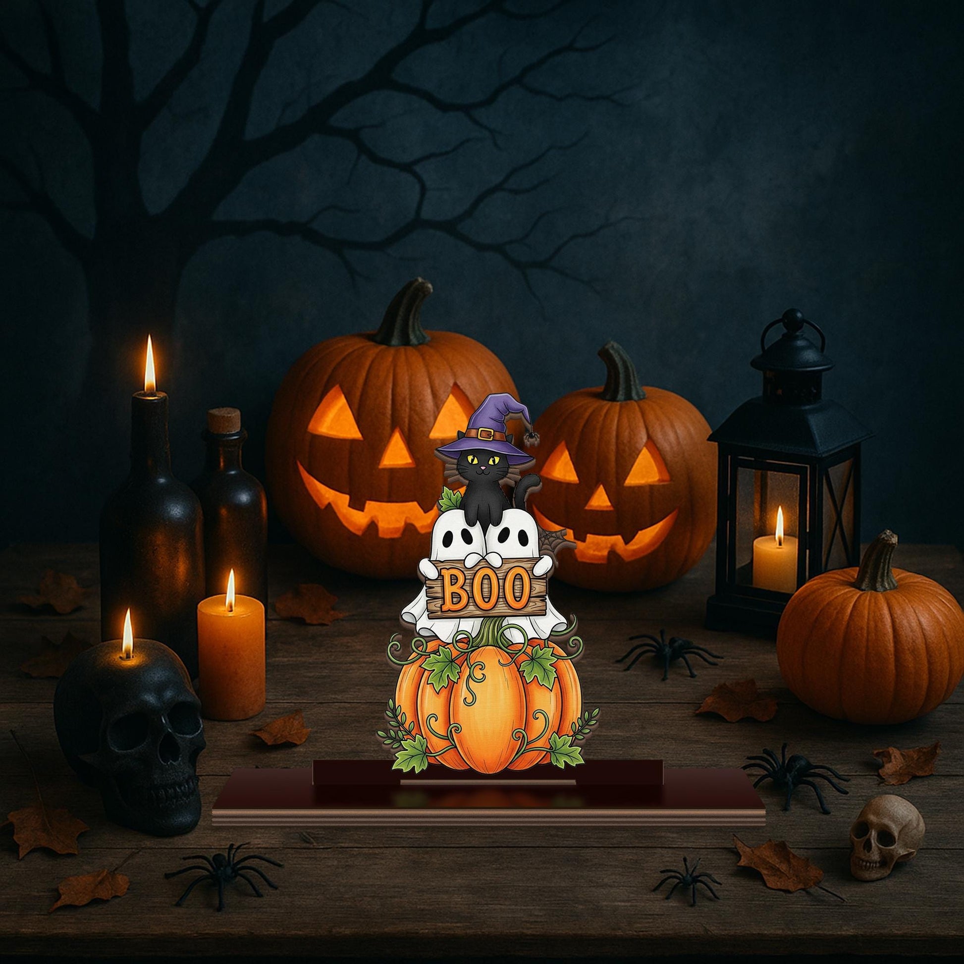 Halloween Wood Standee – Cute Ghost Pumpkin Cat “BOO” Sign – Spooky Fall Tabletop Decor for Trick or Treat & Autumn Display