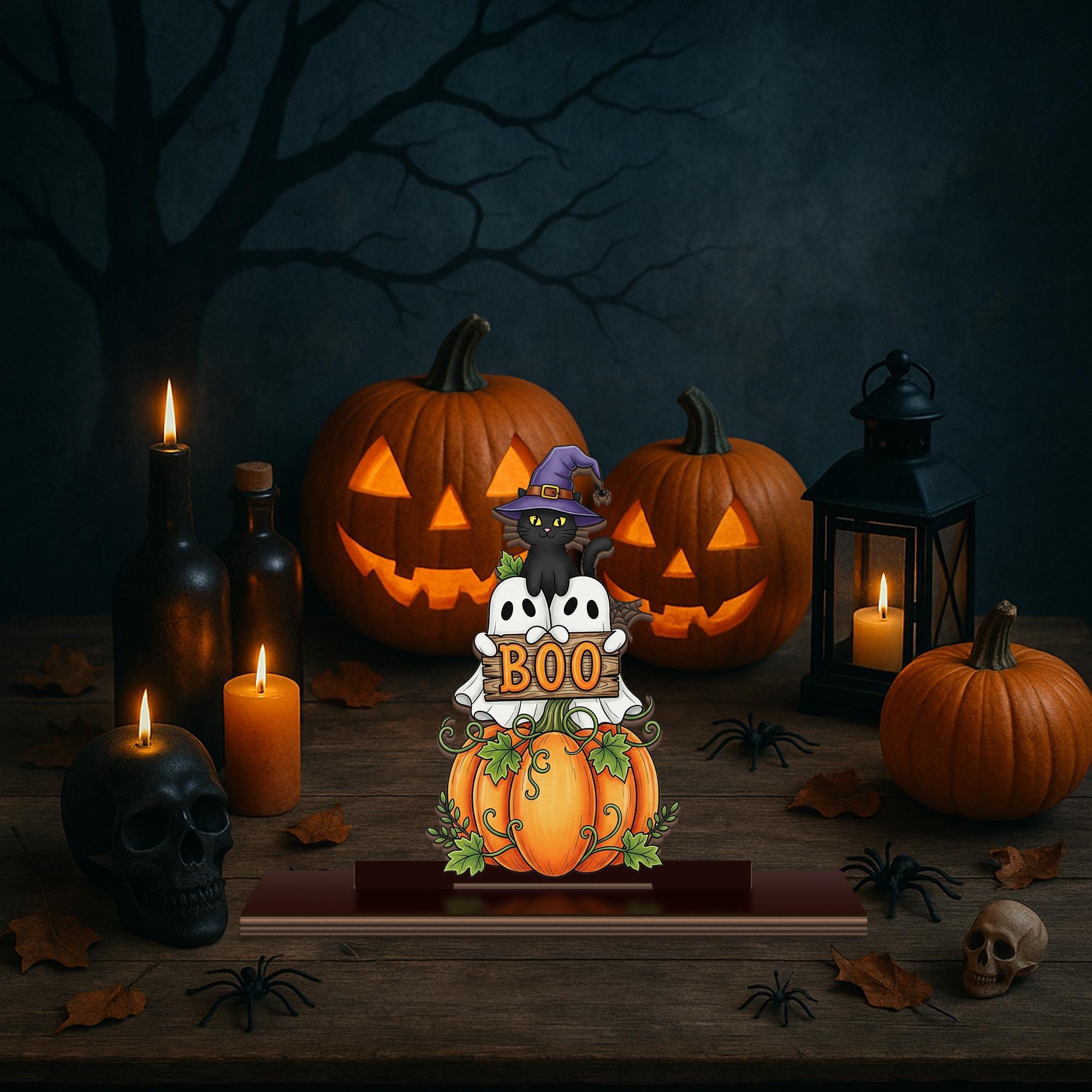 Halloween Wood Standee – Cute Ghost Pumpkin Cat “BOO” Sign – Spooky Fall Tabletop Decor for Trick or Treat & Autumn Display