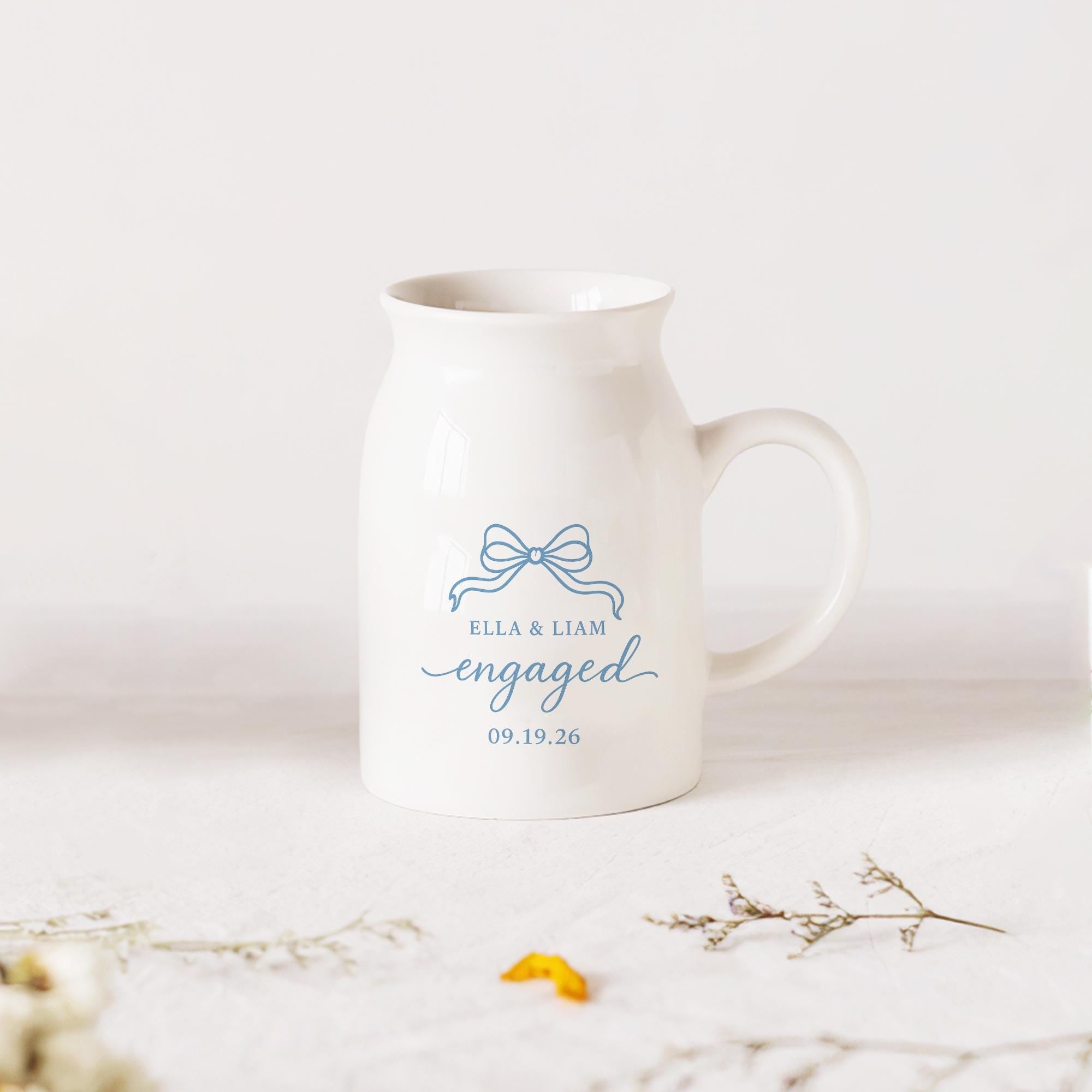 Custom Engagement Vase – Personalized Ceramic Flower Pitcher with Names & Date – Wedding or Bridal Shower Gift for Couples