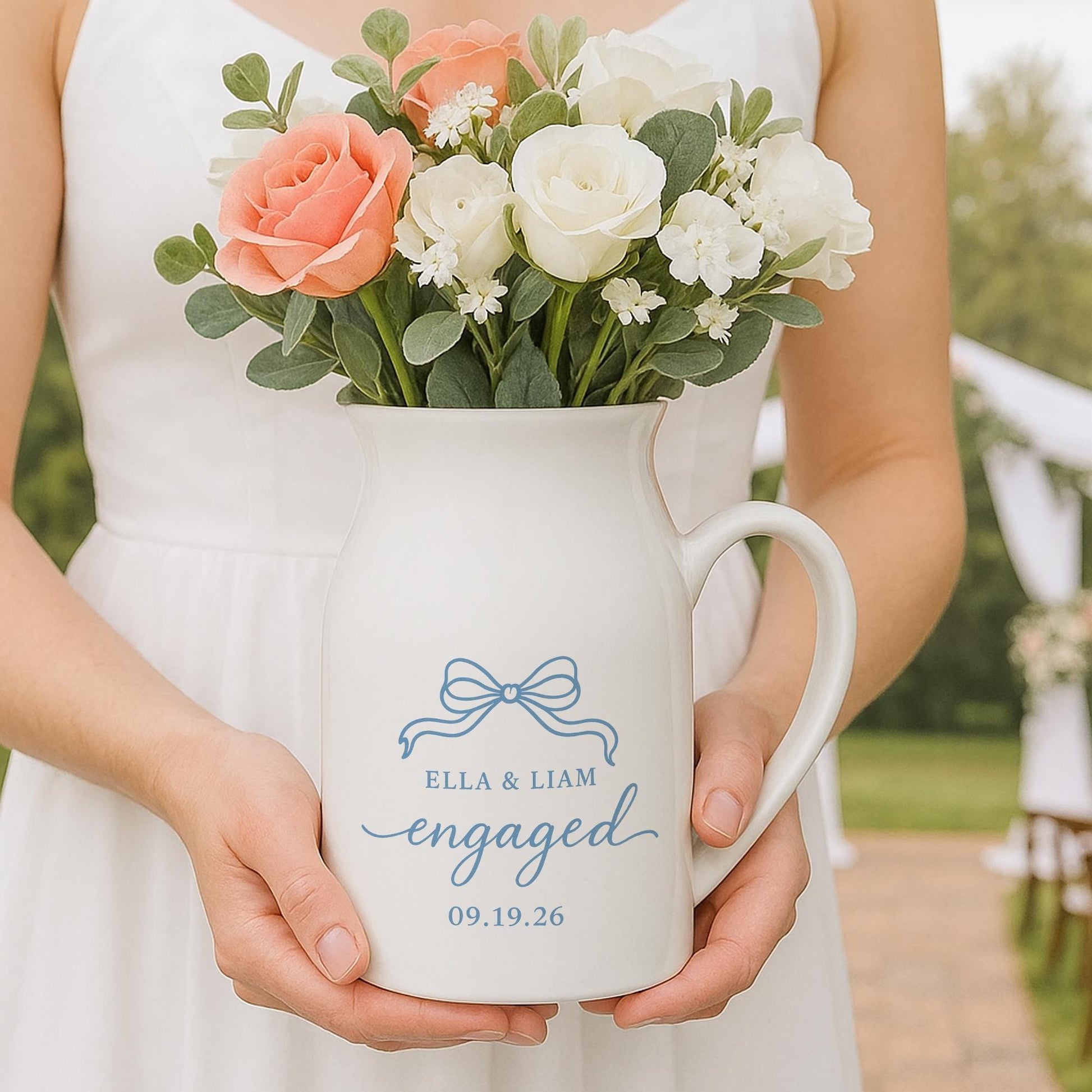 Custom Engagement Vase – Personalized Ceramic Flower Pitcher with Names & Date – Wedding or Bridal Shower Gift for Couples