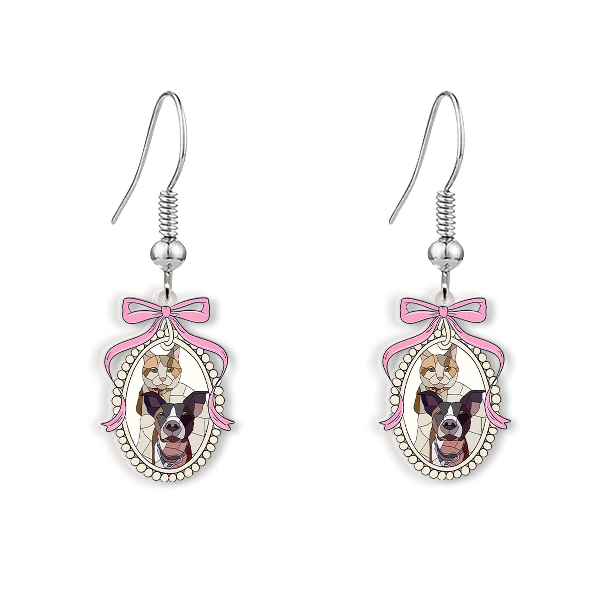 Custom Pet Portrait Earrings – Personalized Cat & Dog Face Jewelry with Pink Bow Frame – Unique Gift for Pet Lovers and Fur Moms