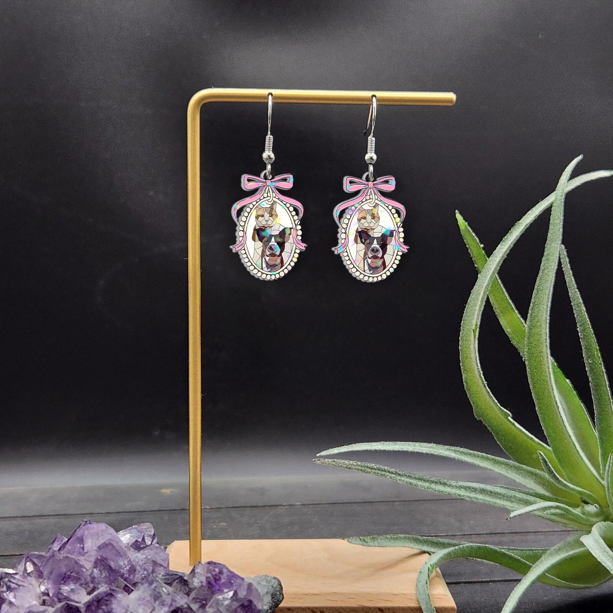 Custom Pet Portrait Earrings – Personalized Cat & Dog Face Jewelry with Pink Bow Frame – Unique Gift for Pet Lovers and Fur Moms