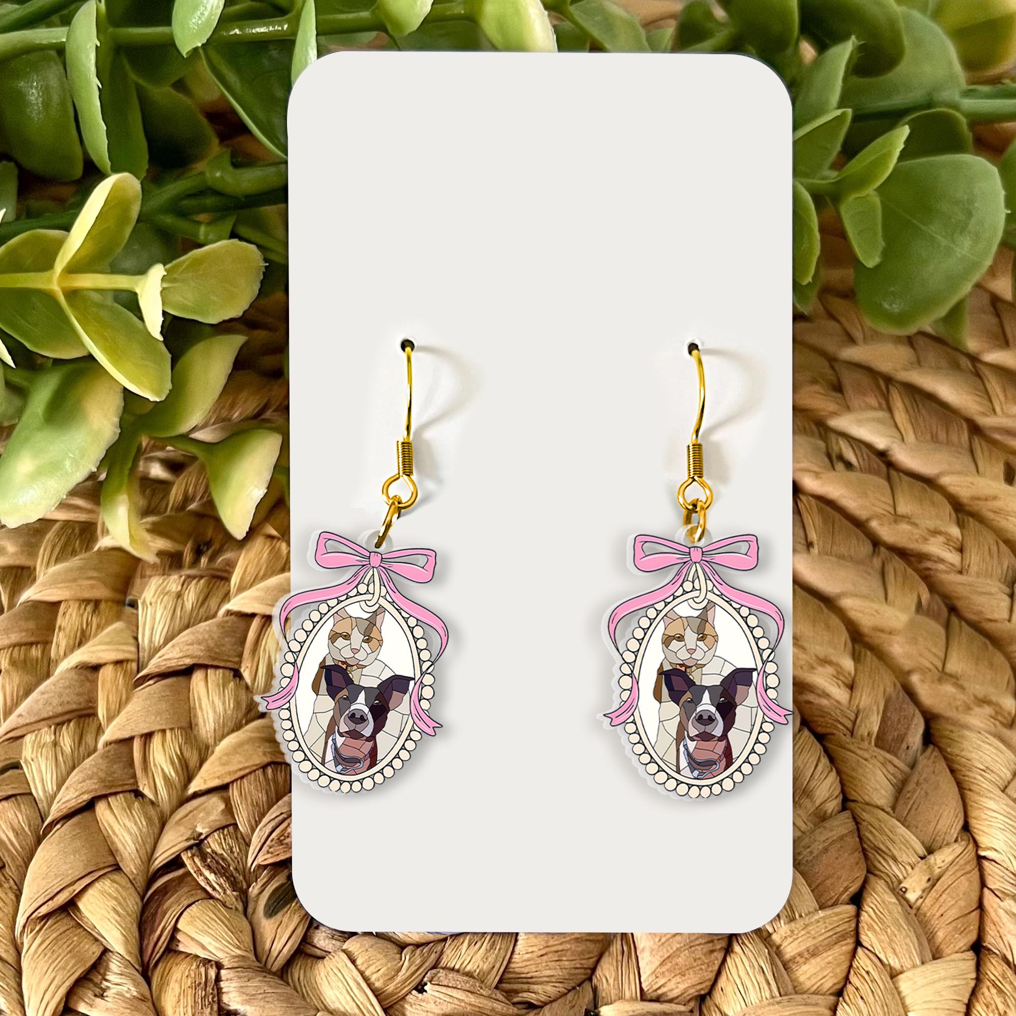 Custom Pet Portrait Earrings – Personalized Cat & Dog Face Jewelry with Pink Bow Frame – Unique Gift for Pet Lovers and Fur Moms