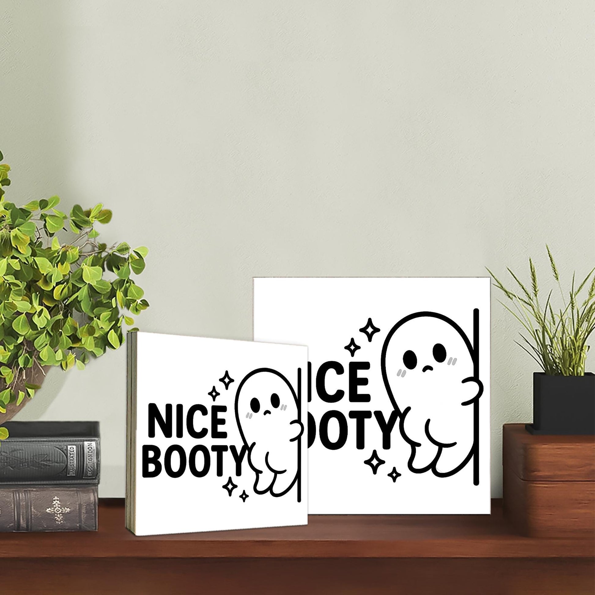 Funny Halloween Bathroom Sign – “Nice Booty” Ghost Wood Decor – Spooky Cute Toilet Sign for Fall or Halloween Home Decor