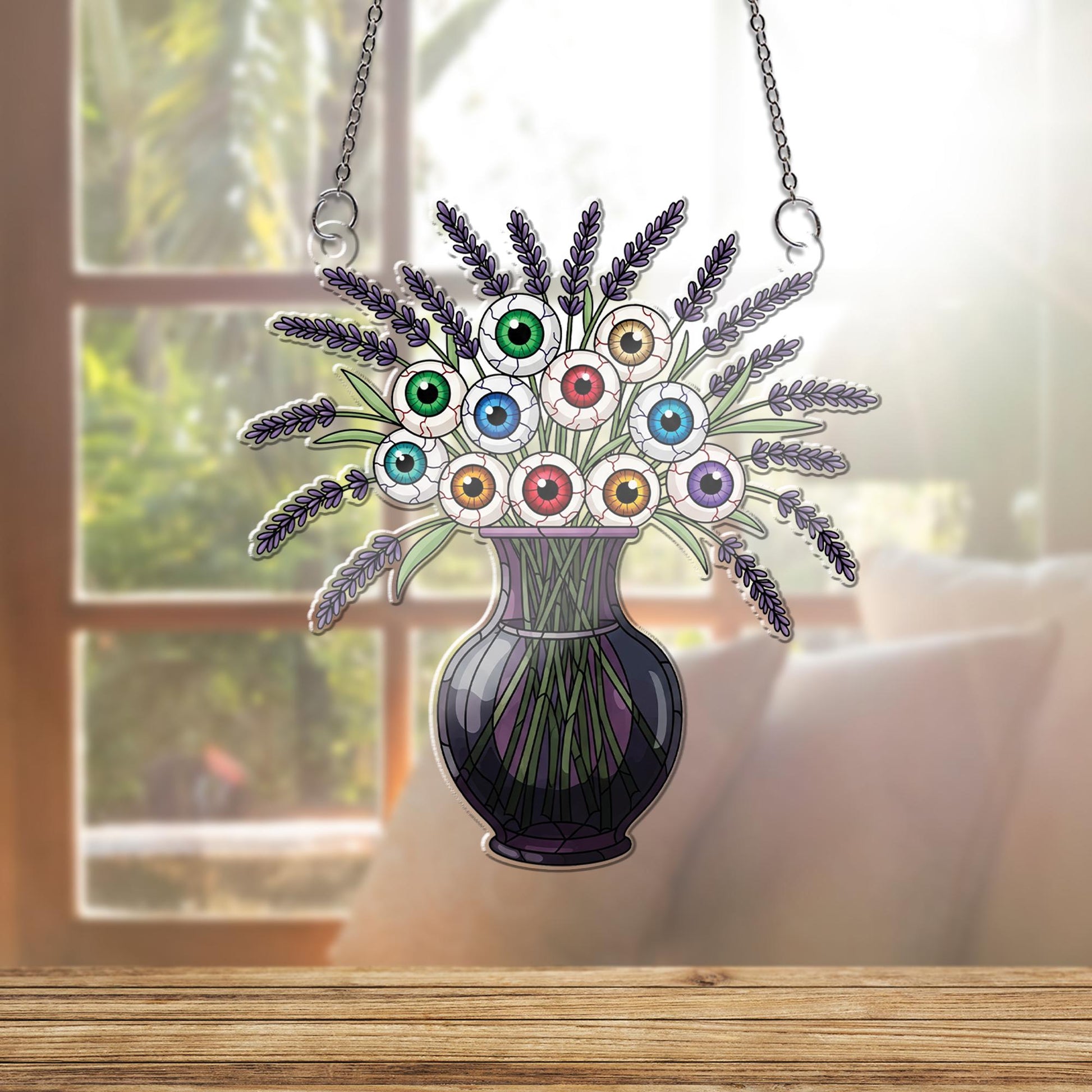 Eyeball Bouquet Vase Window Hanging – Spooky Halloween Sun Catcher, Creepy Eyeball Floral Gothic Window Decor