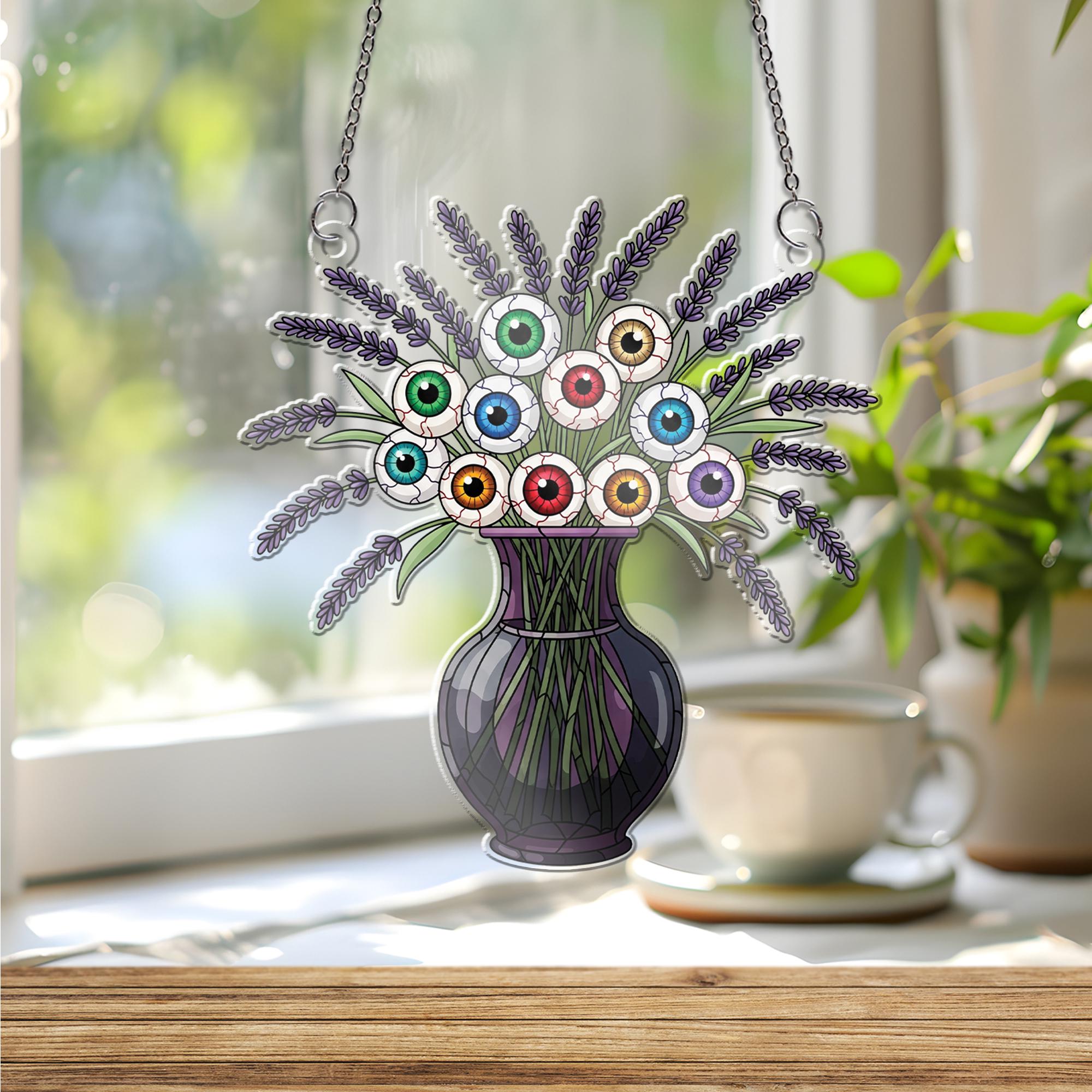 Eyeball Bouquet Vase Window Hanging – Spooky Halloween Sun Catcher, Creepy Eyeball Floral Gothic Window Decor
