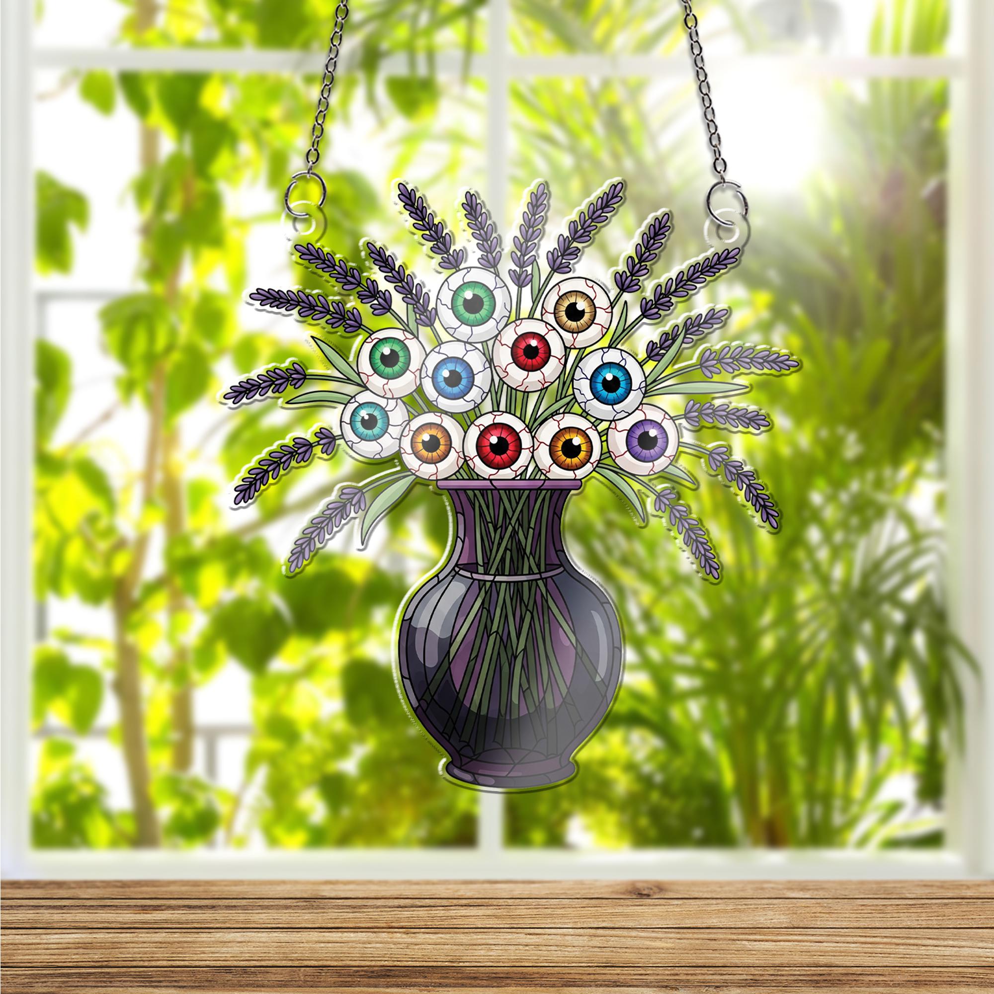 Eyeball Bouquet Vase Window Hanging – Spooky Halloween Sun Catcher, Creepy Eyeball Floral Gothic Window Decor