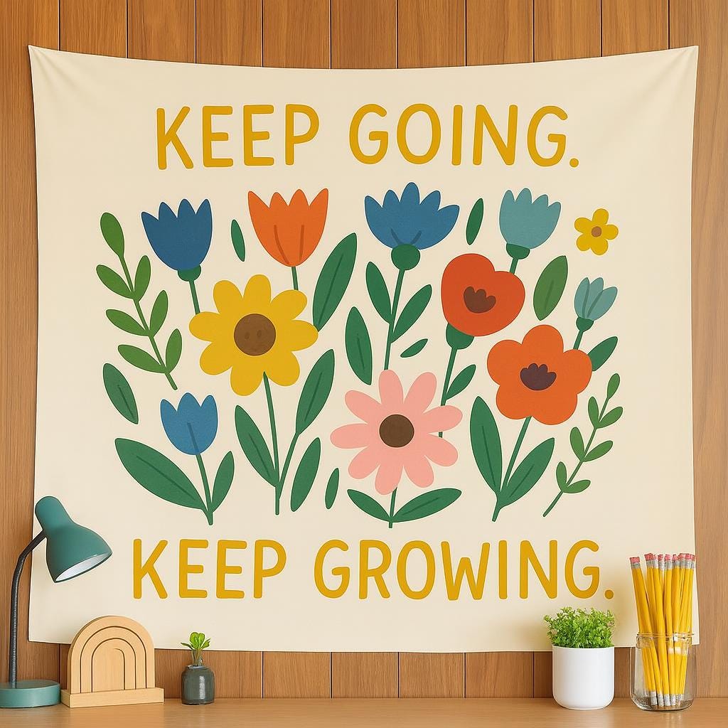 Inspirational Wall Tapestry – “Keep Going Keep Growing” Floral Banner – Positive Classroom, Dorm, or Office Wall Decor
