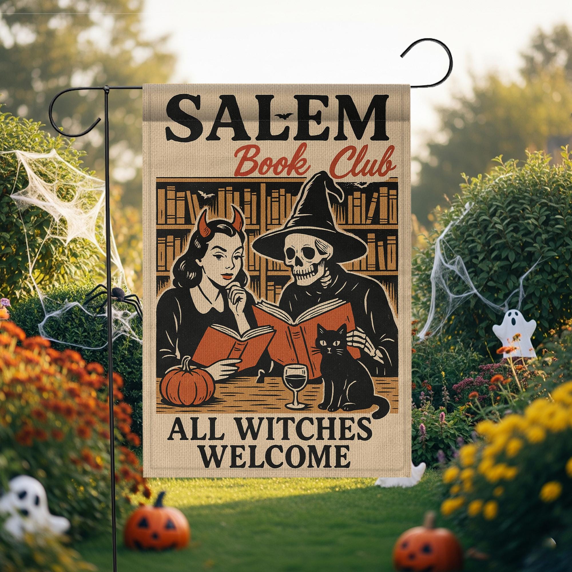 Salem Book Club Garden Flag – Funny Halloween Witch and  Skeleton Reading Banner – Spooky Fall Yard Decor for Book Lovers & Witches