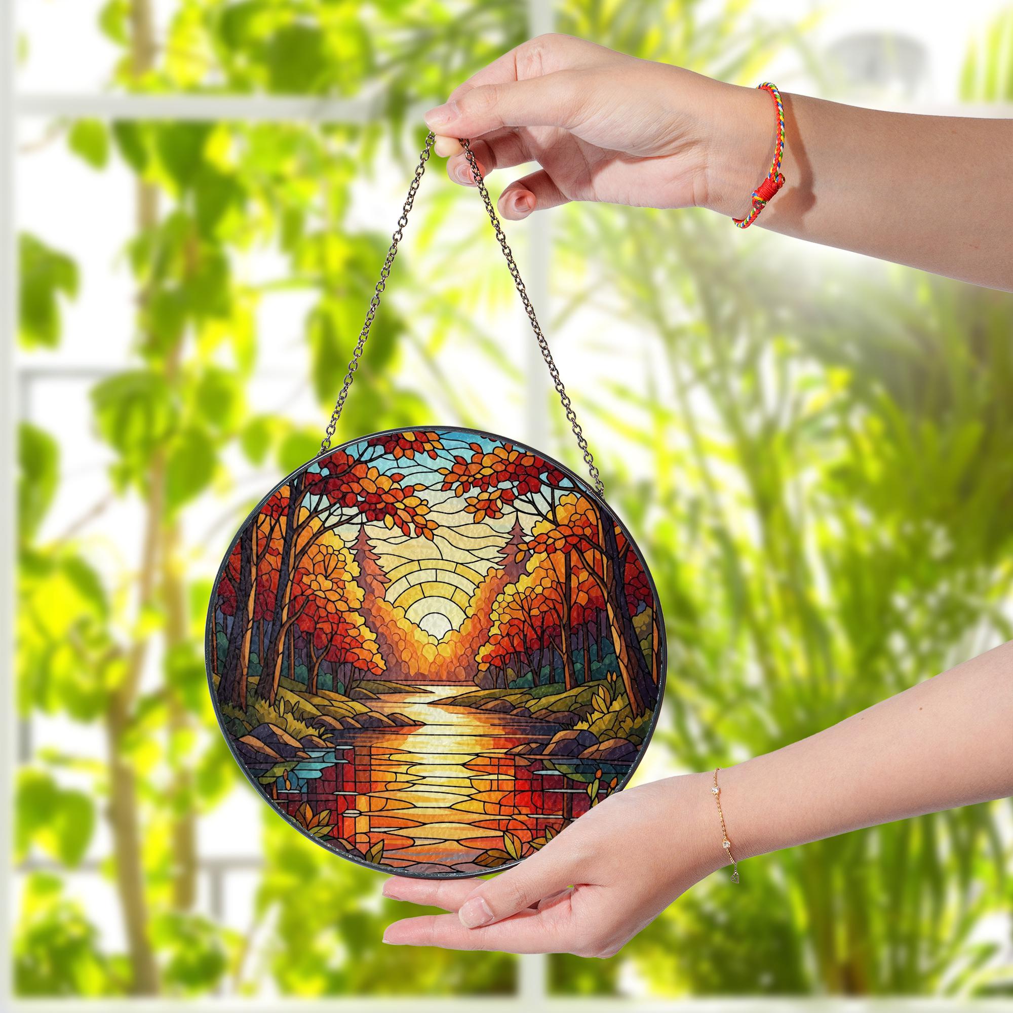 Autumn Forest Suncatcher – Round Glass Window Hanging with River Sunset – Colorful Fall Decor for Home or Gift