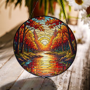 Autumn Forest Suncatcher – Round Glass Window Hanging with River Sunset – Colorful Fall Decor for Home or Gift