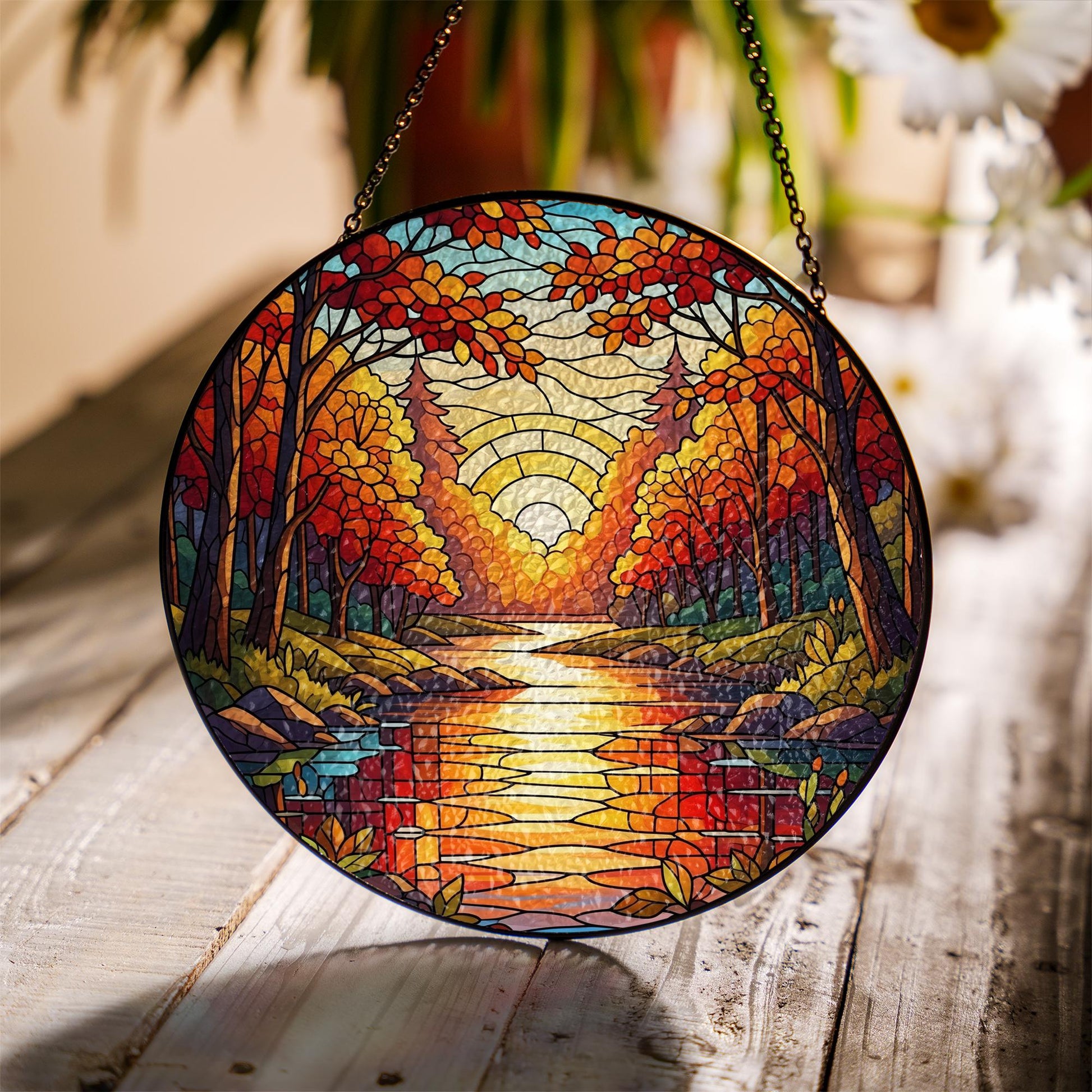 Autumn Forest Suncatcher – Round Glass Window Hanging with River Sunset – Colorful Fall Decor for Home or Gift