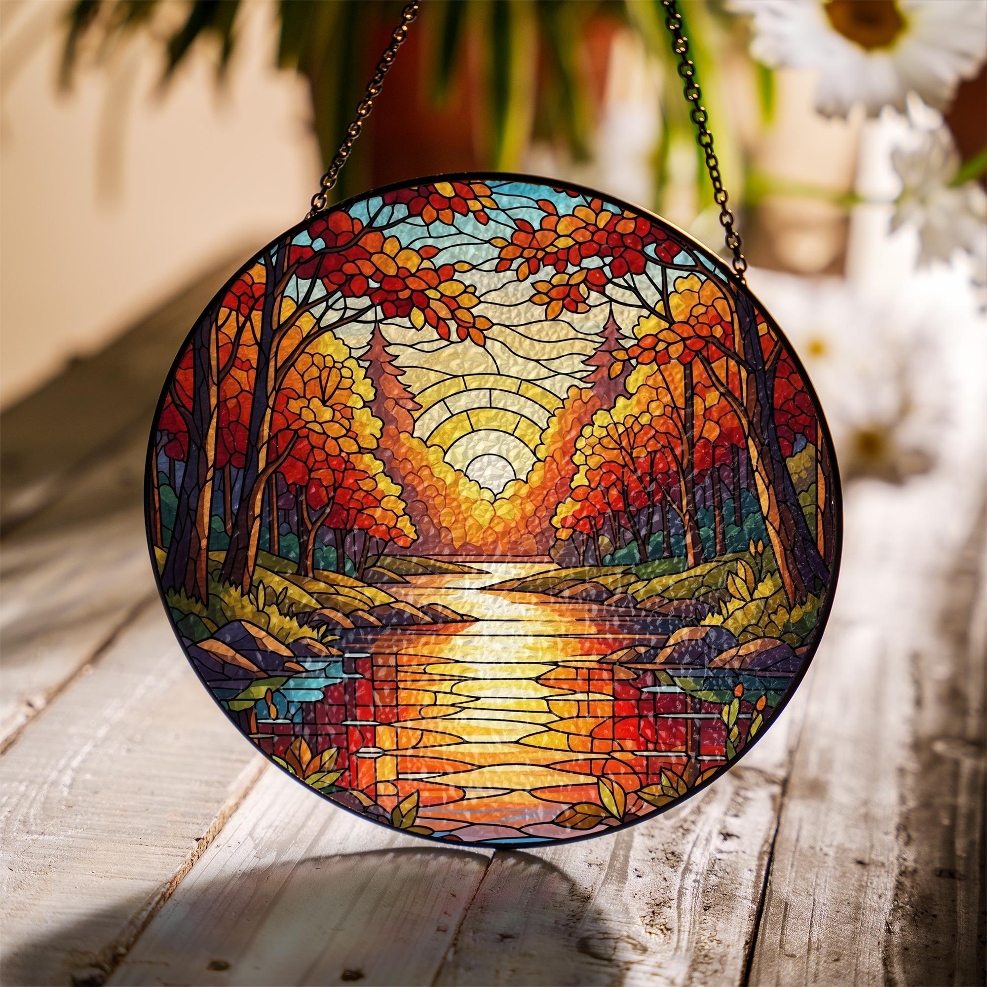 Autumn Forest Suncatcher – Round Glass Window Hanging with River Sunset – Colorful Fall Decor for Home or Gift