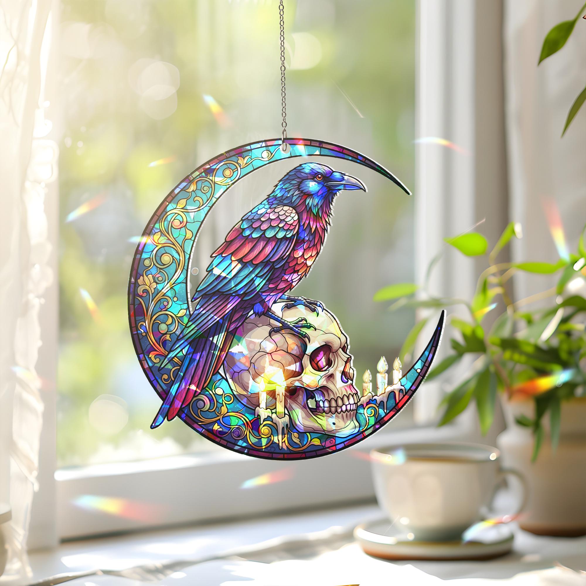 Gothic Raven & Skull Suncatcher – Holographic Acrylic Moon Window Hanging – Spooky Witchy Decor for Halloween or Year-Round Magic
