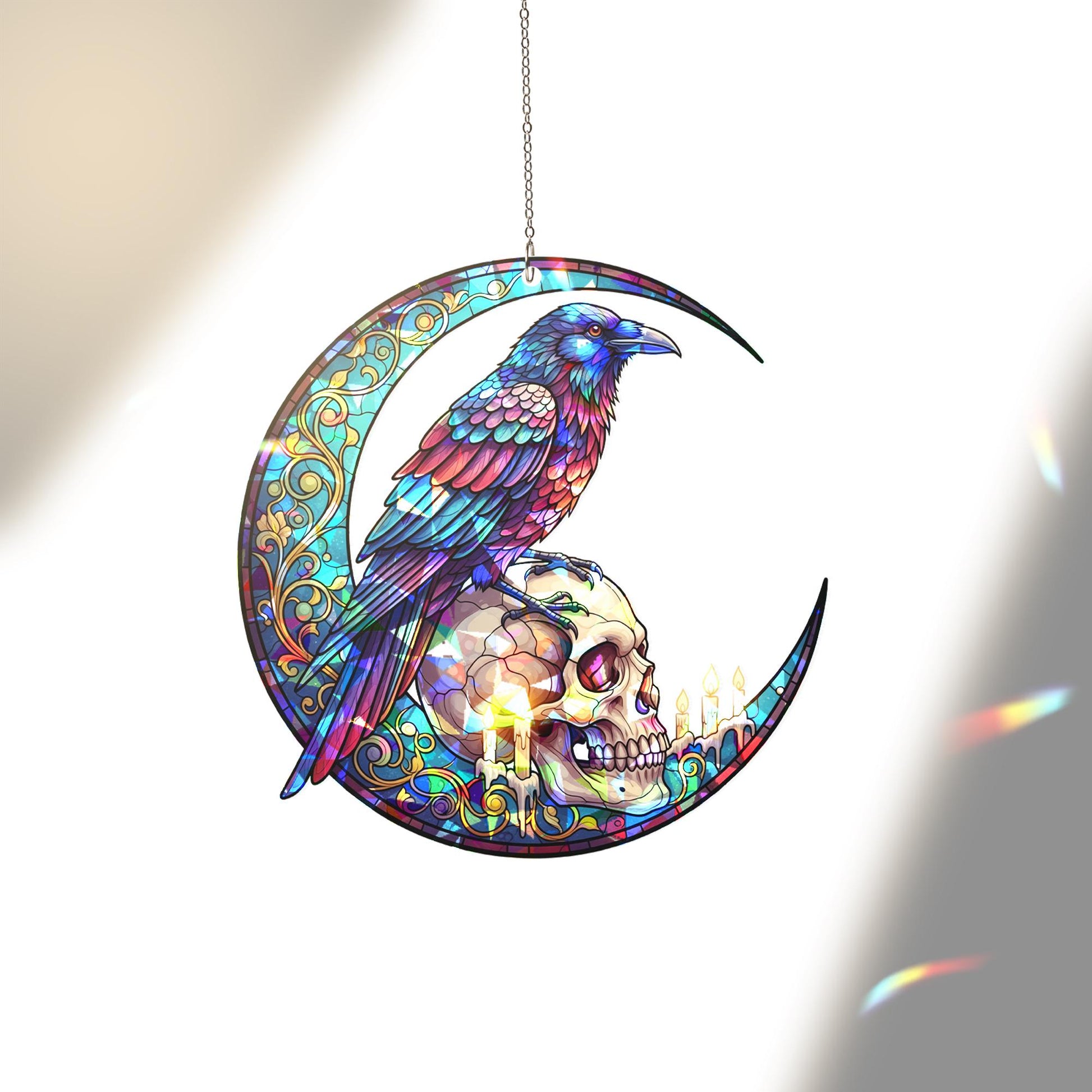 Gothic Raven & Skull Suncatcher – Holographic Acrylic Moon Window Hanging – Spooky Witchy Decor for Halloween or Year-Round Magic