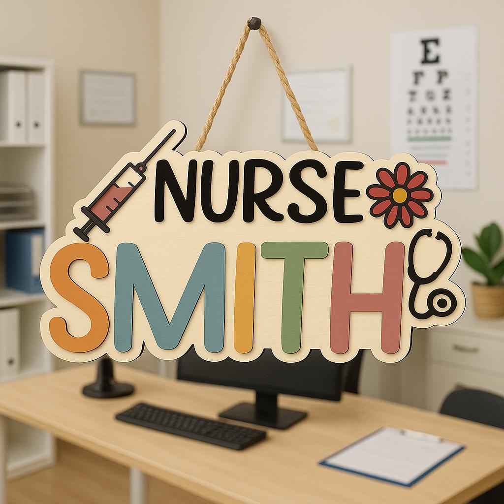 Custom Nurse Door Sign – Personalized Wood Name Plaque with Syringe & Stethoscope – Cute Hospital or Clinic Office Decor for Nurses