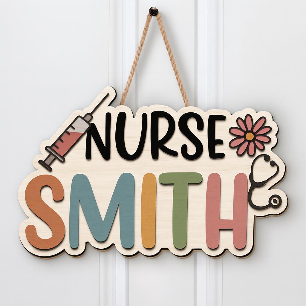 Custom Nurse Door Sign – Personalized Wood Name Plaque with Syringe & Stethoscope – Cute Hospital or Clinic Office Decor for Nurses