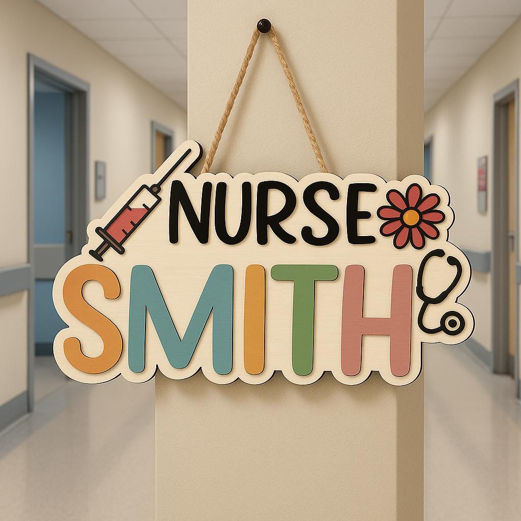 Custom Nurse Door Sign – Personalized Wood Name Plaque with Syringe & Stethoscope – Cute Hospital or Clinic Office Decor for Nurses