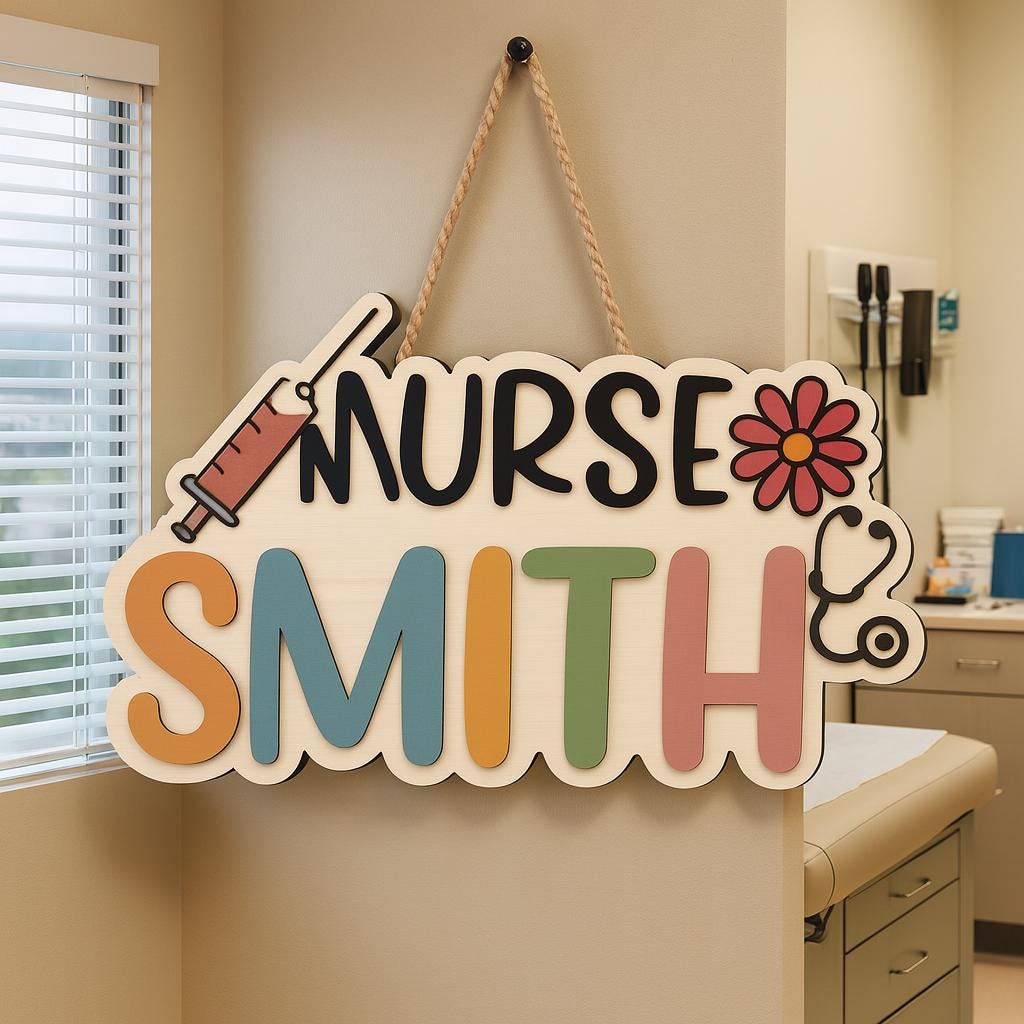 Custom Nurse Door Sign – Personalized Wood Name Plaque with Syringe & Stethoscope – Cute Hospital or Clinic Office Decor for Nurses