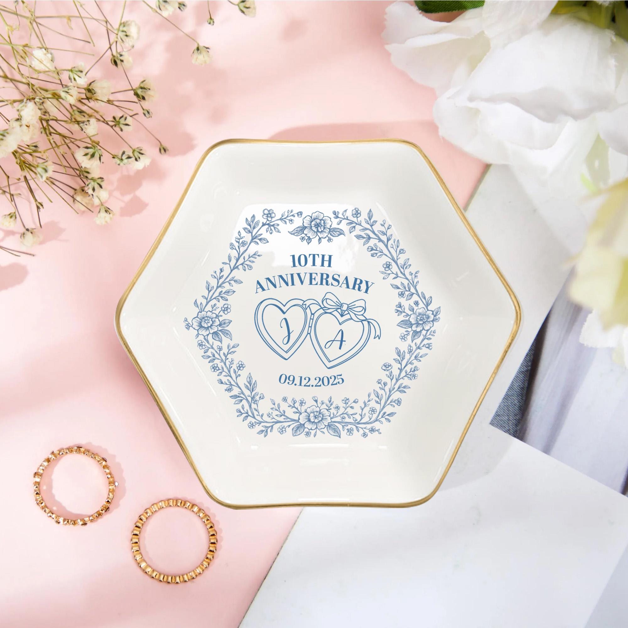 Anniversary Ceramic Ring Dish Set – Personalized Jewelry Holder, Wedding Keepsake, Engagement Gift for Couples