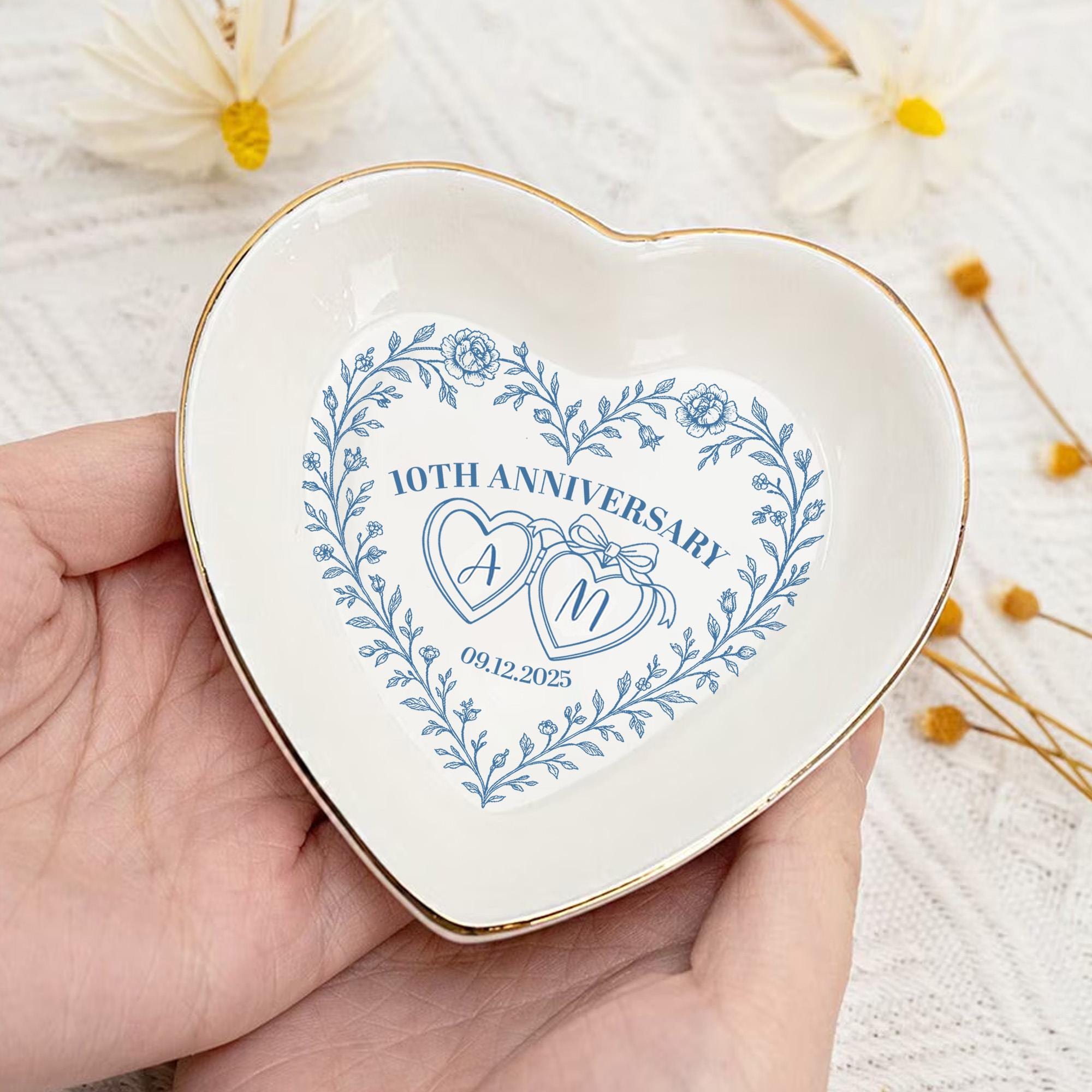 Anniversary Ceramic Ring Dish Set – Personalized Jewelry Holder, Wedding Keepsake, Engagement Gift for Couples
