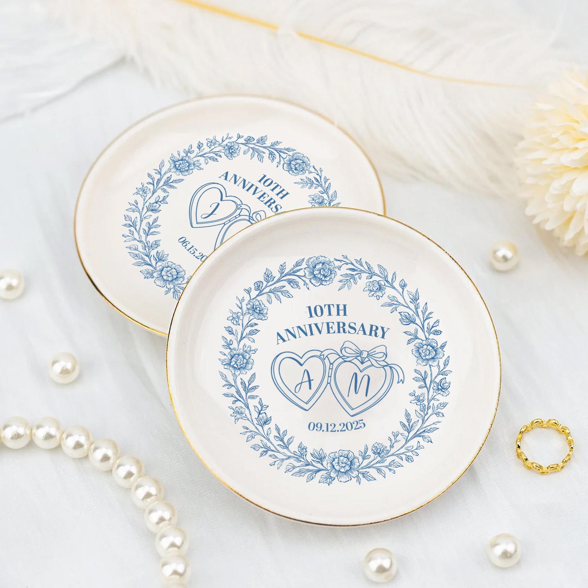 Anniversary Ceramic Ring Dish Set – Personalized Jewelry Holder, Wedding Keepsake, Engagement Gift for Couples