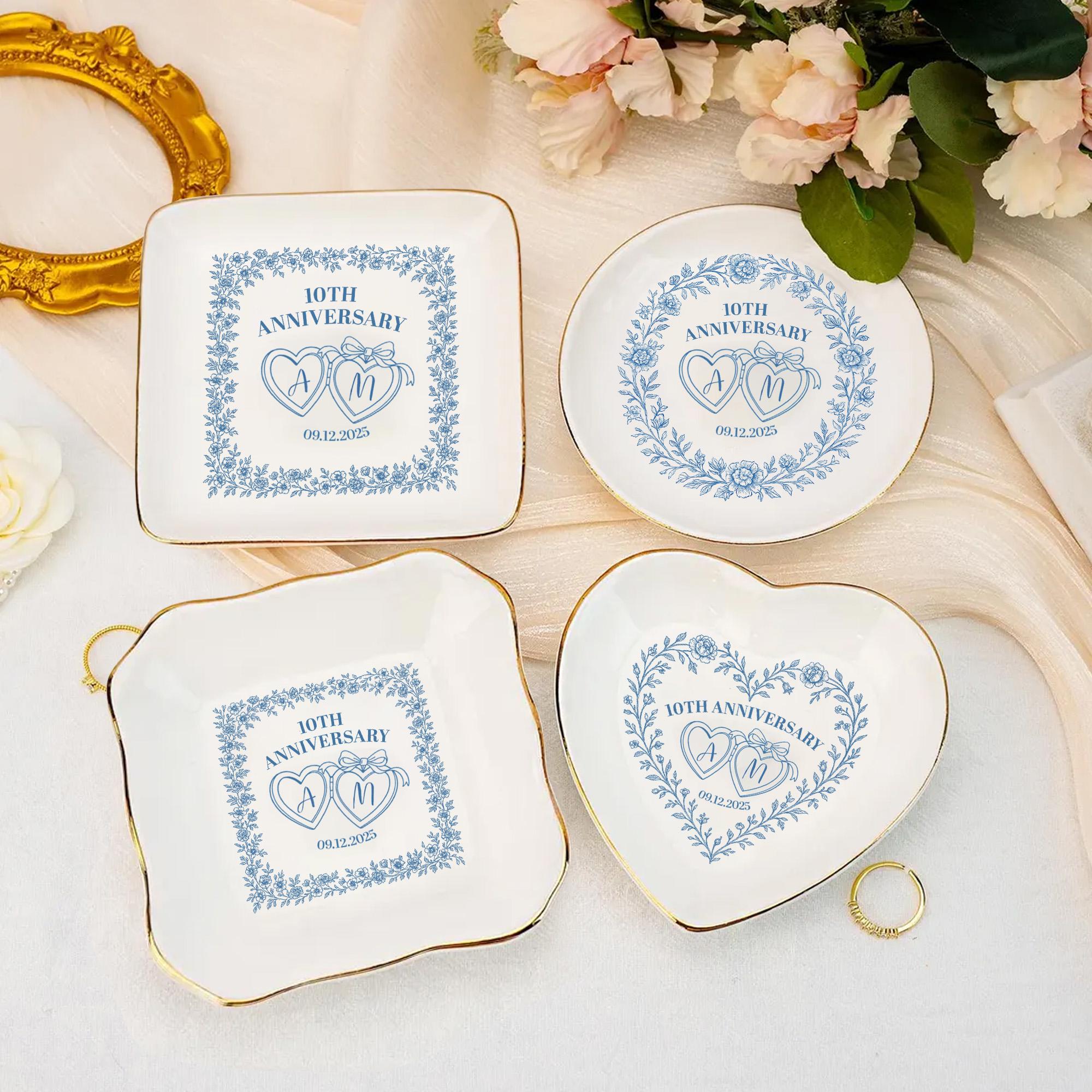 Anniversary Ceramic Ring Dish Set – Personalized Jewelry Holder, Wedding Keepsake, Engagement Gift for Couples