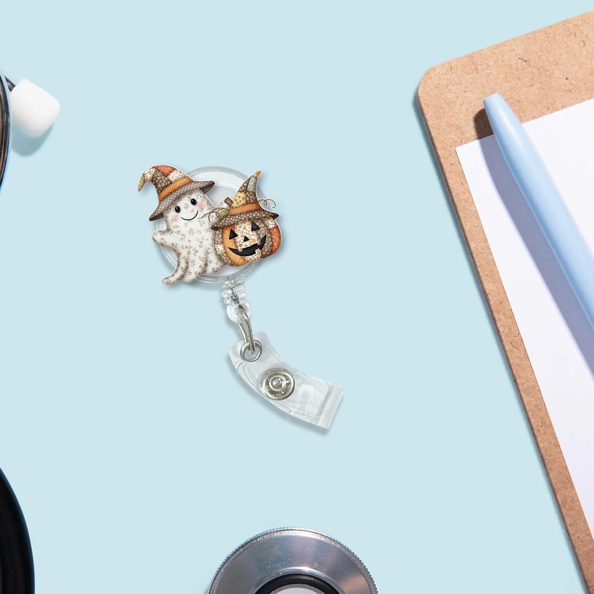 Cute Halloween Ghost & Pumpkin Badge Reel, Ghost Jack‑o’‑lantern ID Holder, Spooky Fall Nurse Badge Accessory