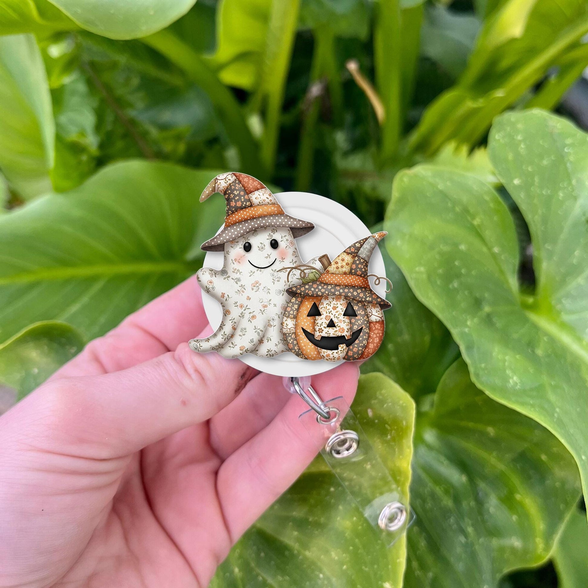 Cute Halloween Ghost & Pumpkin Badge Reel, Ghost Jack‑o’‑lantern ID Holder, Spooky Fall Nurse Badge Accessory