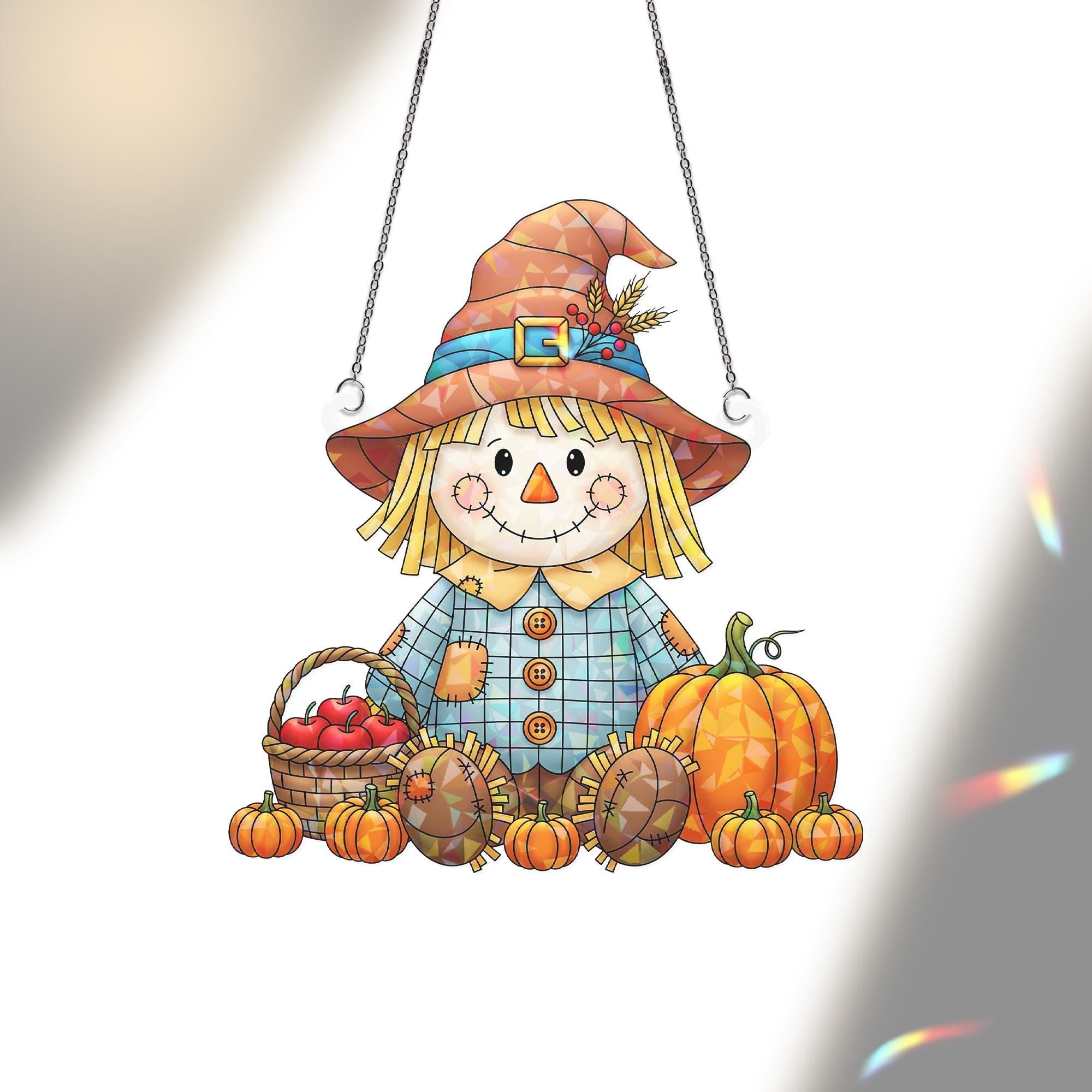 Holographic Scarecrow Window Hanging – Fall Pumpkin Sun Catcher, Autumn Harvest Farmhouse Decor, Cute Scarecrow Window Art
