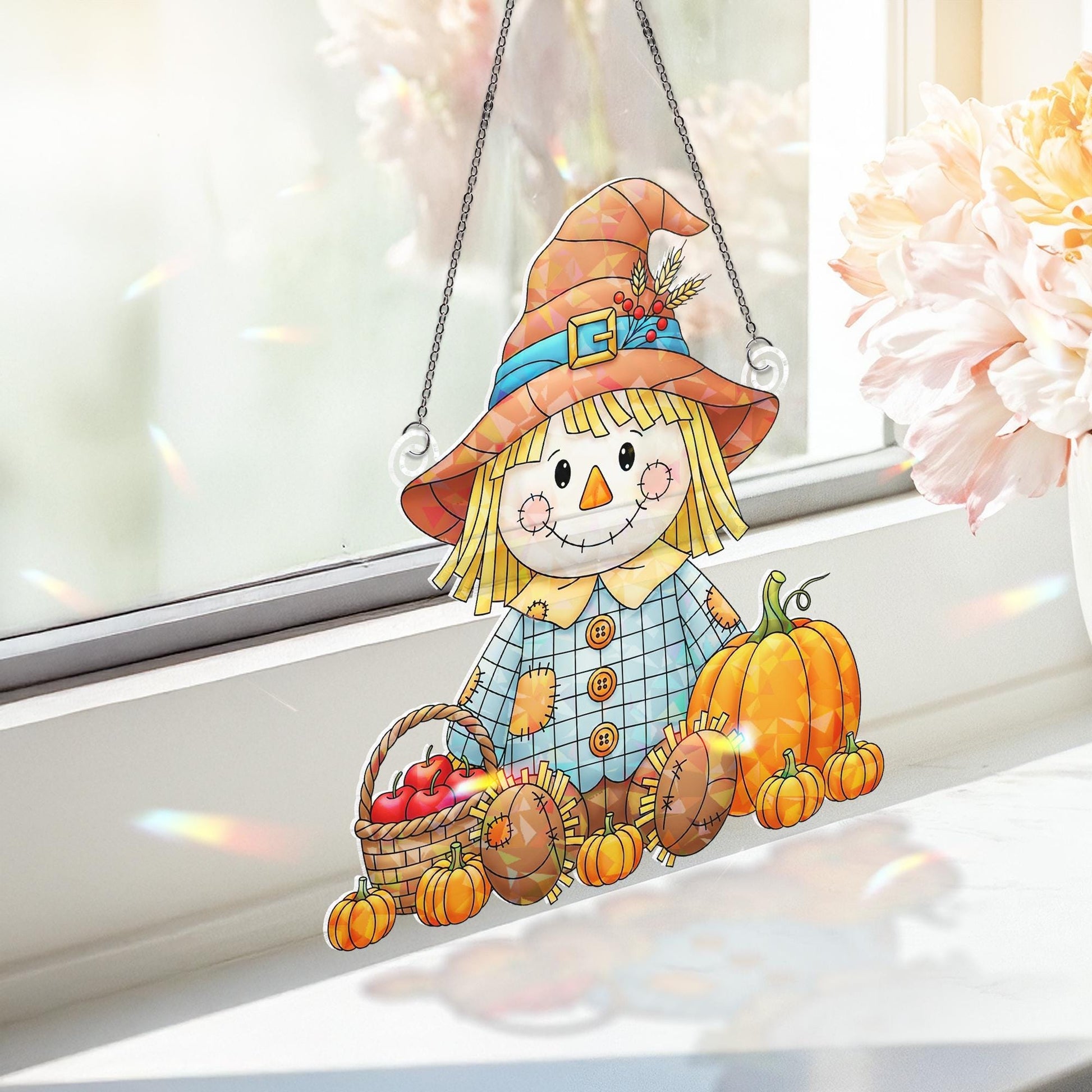 Holographic Scarecrow Window Hanging – Fall Pumpkin Sun Catcher, Autumn Harvest Farmhouse Decor, Cute Scarecrow Window Art