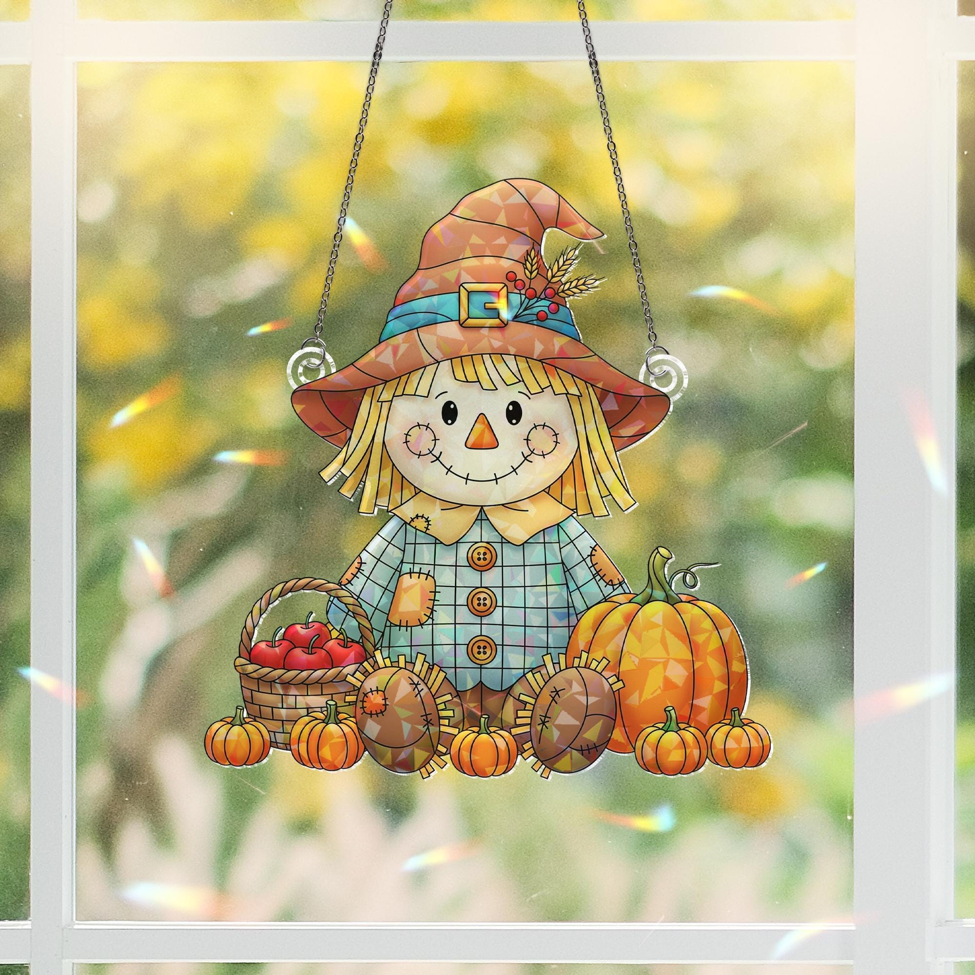 Holographic Scarecrow Window Hanging – Fall Pumpkin Sun Catcher, Autumn Harvest Farmhouse Decor, Cute Scarecrow Window Art