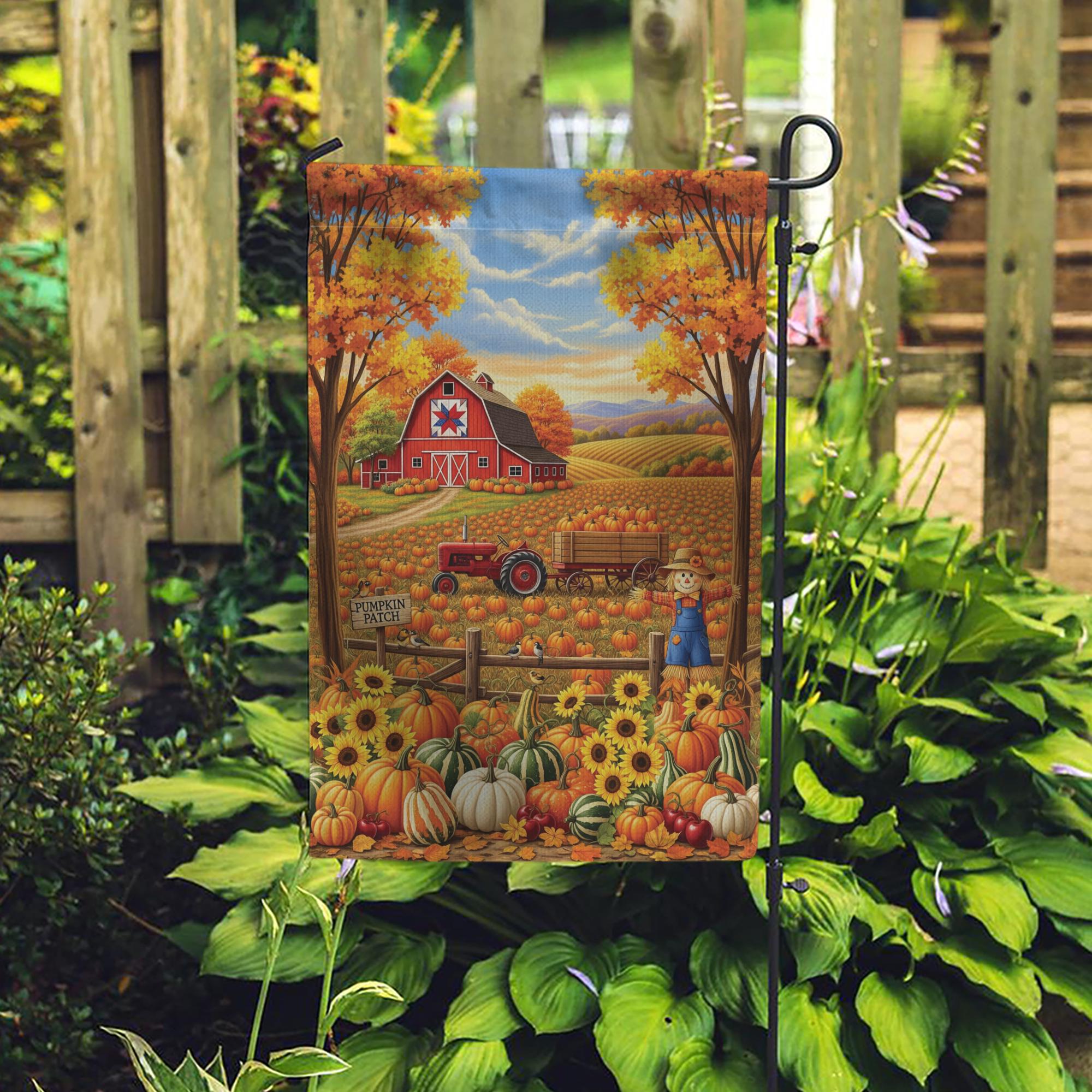 Fall Pumpkin Patch Garden Flag – Autumn Barn Farm Scene Yard Flag, Harvest Tractor & Scarecrow Outdoor Seasonal Decor