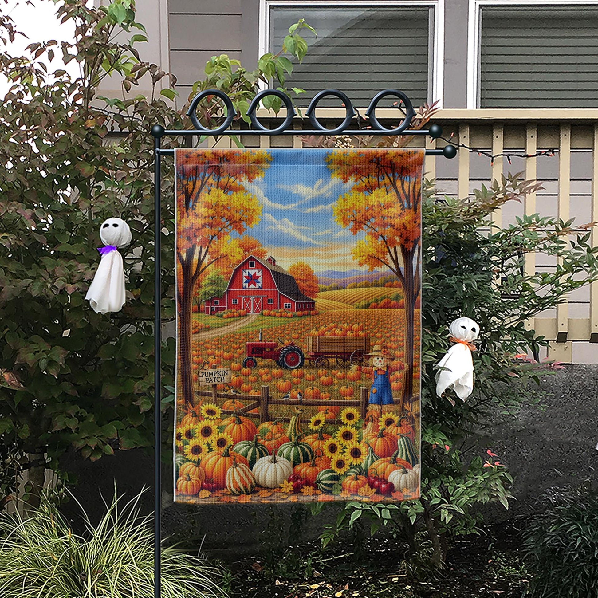 Fall Pumpkin Patch Garden Flag – Autumn Barn Farm Scene Yard Flag, Harvest Tractor & Scarecrow Outdoor Seasonal Decor