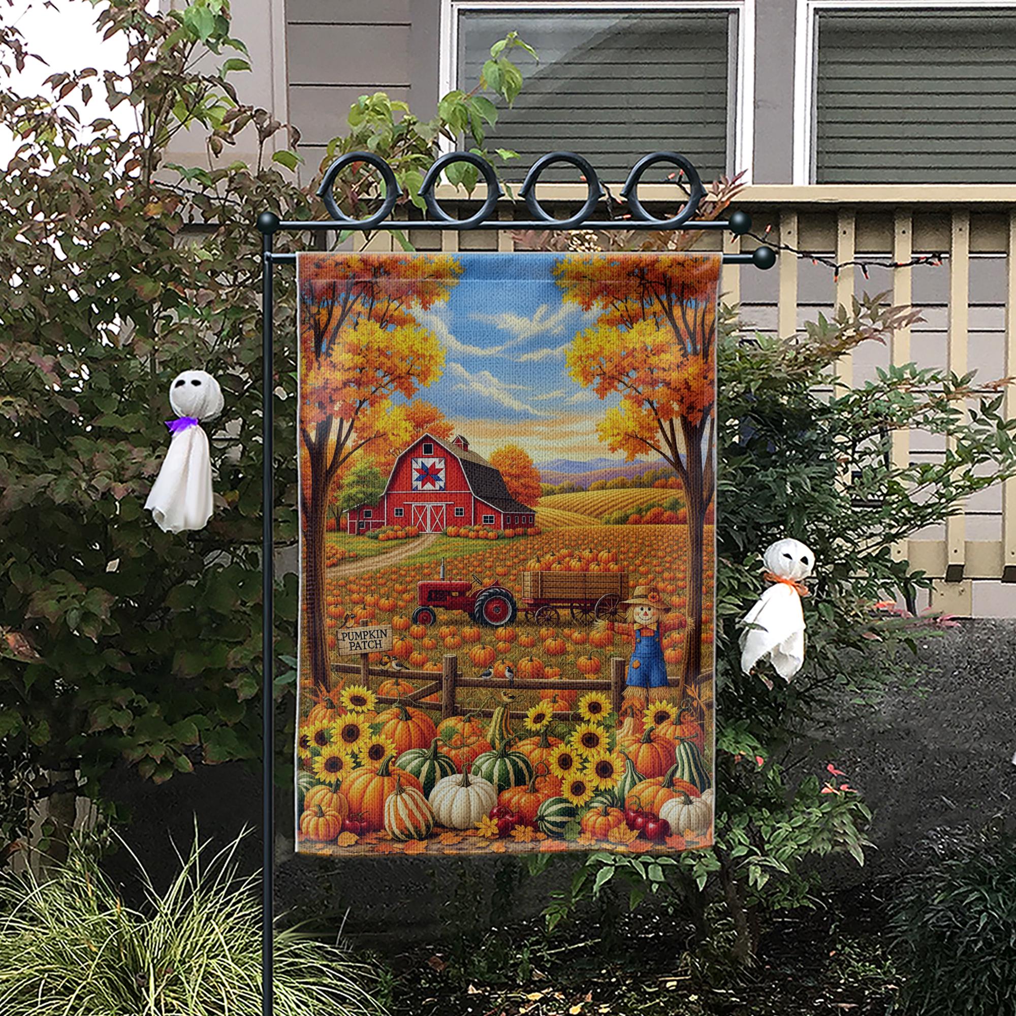 Fall Pumpkin Patch Garden Flag – Autumn Barn Farm Scene Yard Flag, Harvest Tractor & Scarecrow Outdoor Seasonal Decor