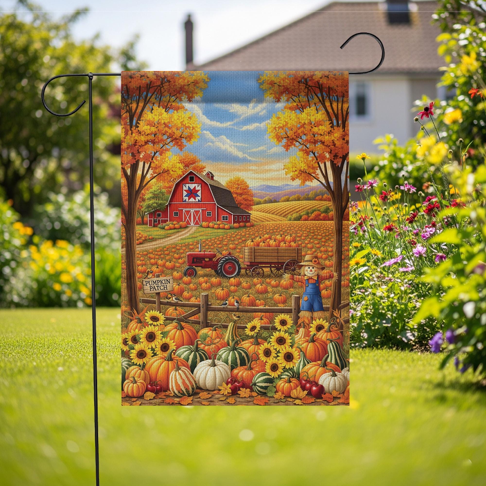 Fall Pumpkin Patch Garden Flag – Autumn Barn Farm Scene Yard Flag, Harvest Tractor & Scarecrow Outdoor Seasonal Decor