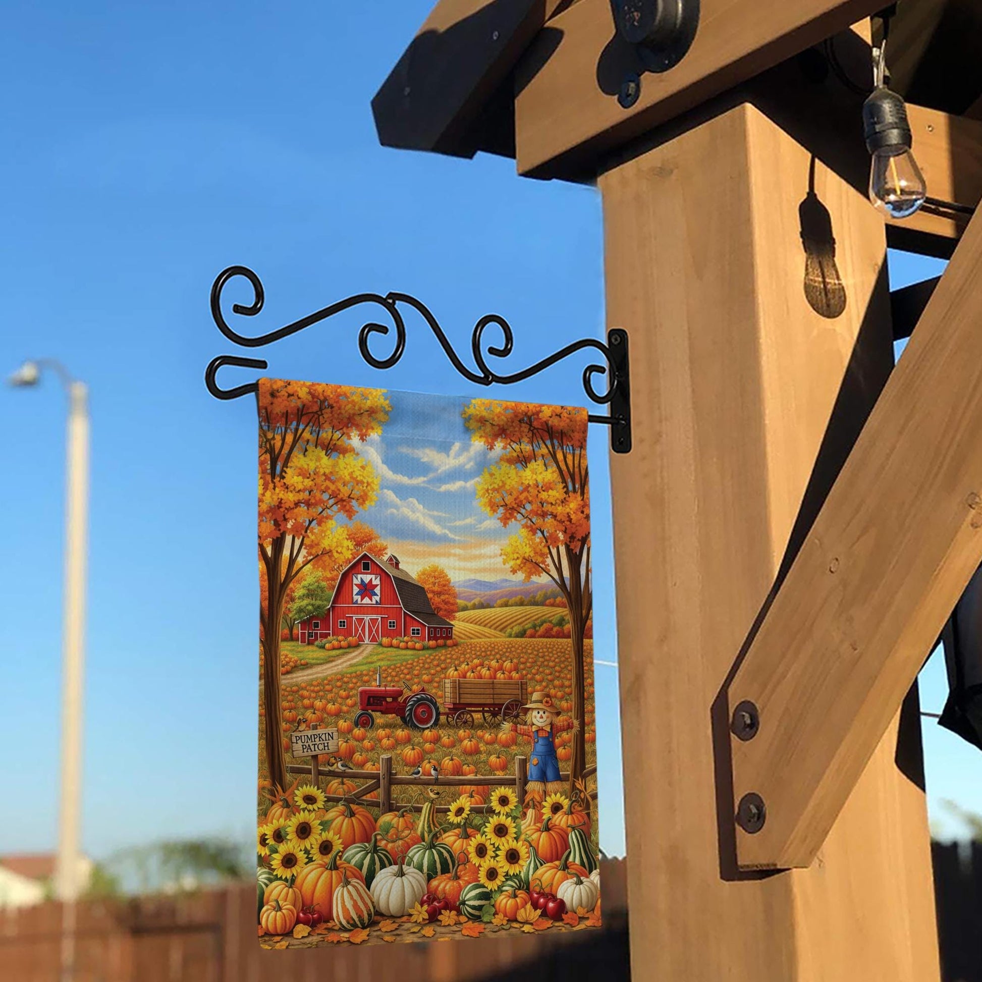 Fall Pumpkin Patch Garden Flag – Autumn Barn Farm Scene Yard Flag, Harvest Tractor & Scarecrow Outdoor Seasonal Decor