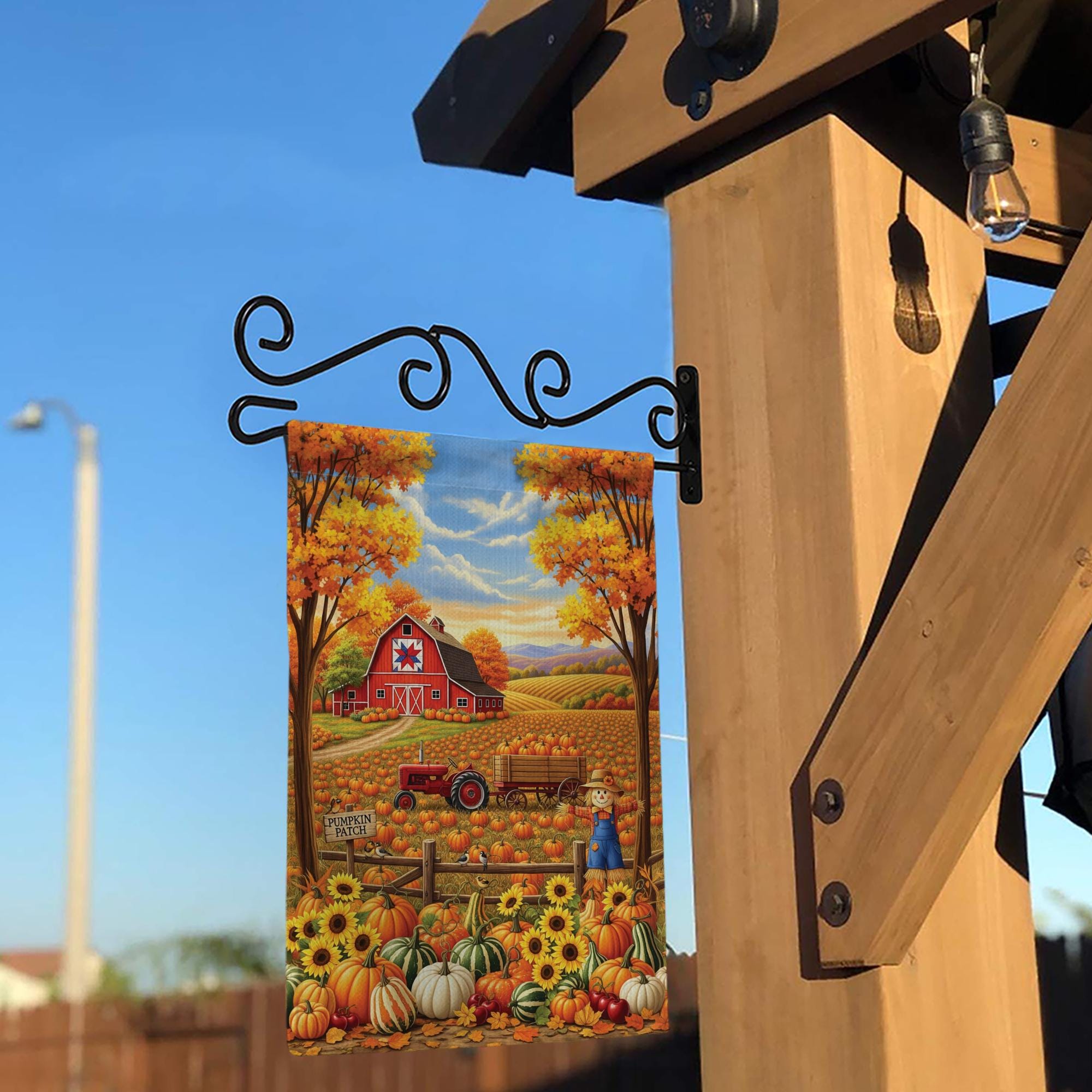 Fall Pumpkin Patch Garden Flag – Autumn Barn Farm Scene Yard Flag, Harvest Tractor & Scarecrow Outdoor Seasonal Decor