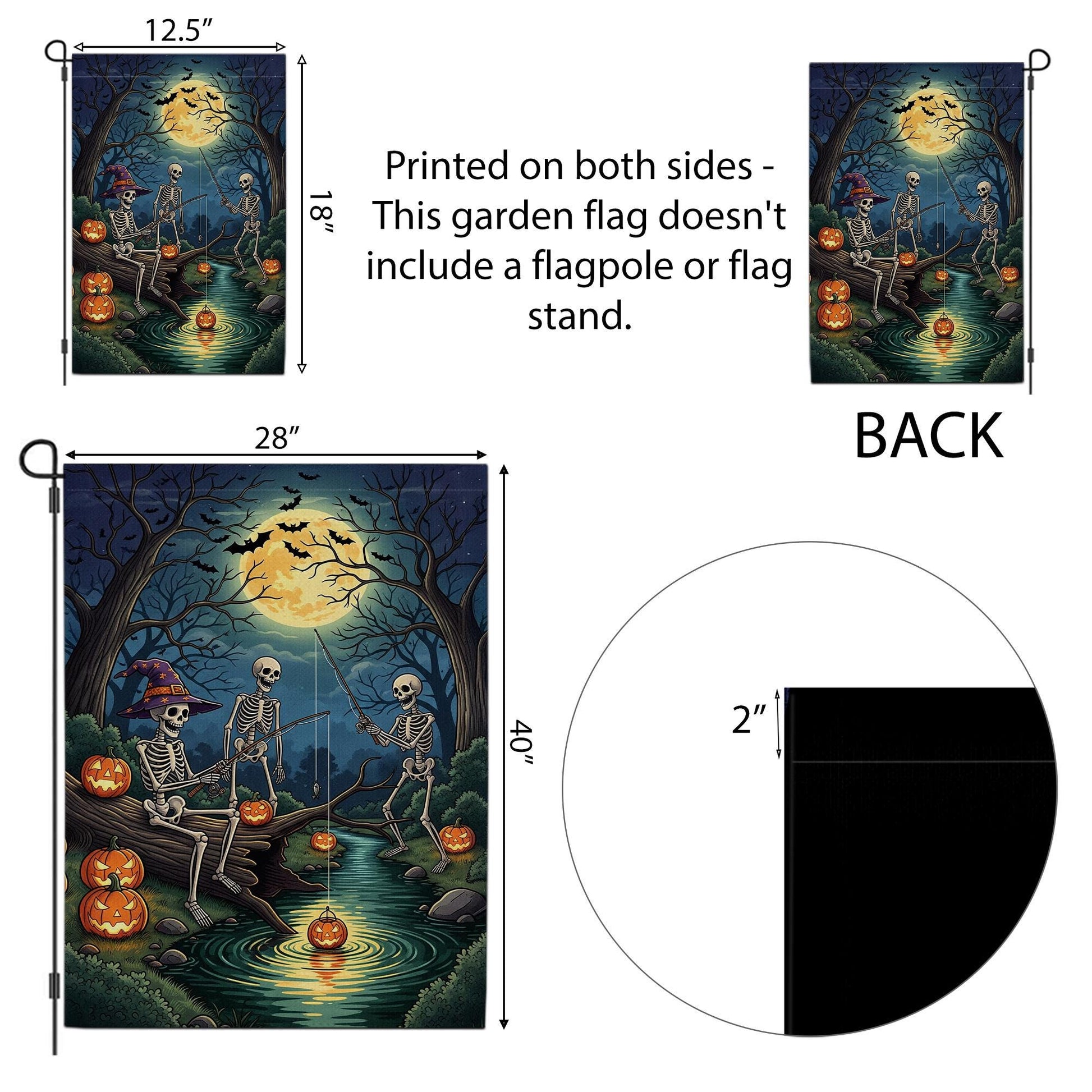 Skeleton Fishing Halloween Garden Flag – Spooky Moonlight Pumpkin Yard Flag, Creepy Skeletons Outdoor Halloween Decor