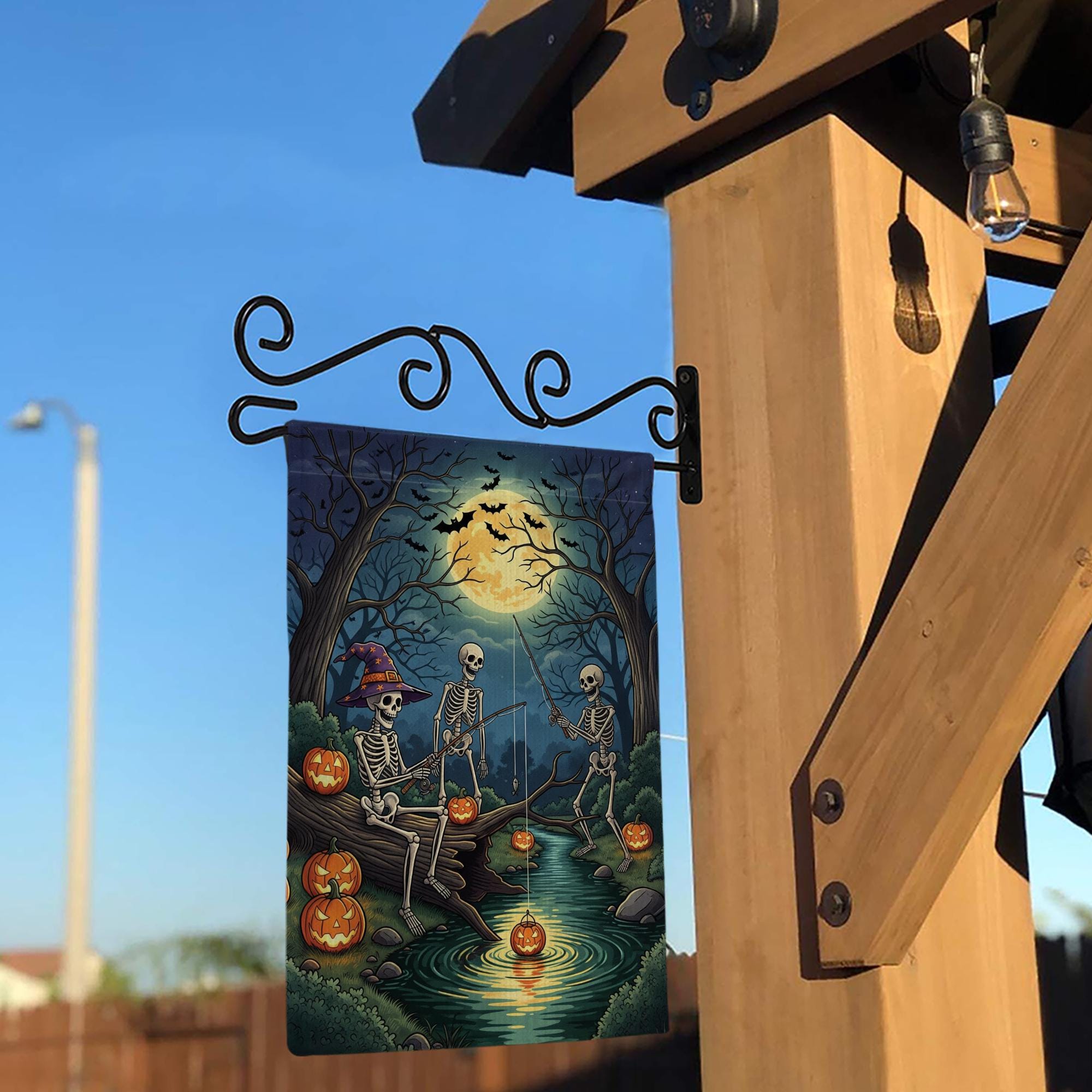 Skeleton Fishing Halloween Garden Flag – Spooky Moonlight Pumpkin Yard Flag, Creepy Skeletons Outdoor Halloween Decor