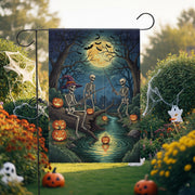 Skeleton Fishing Halloween Garden Flag – Spooky Moonlight Pumpkin Yard Flag, Creepy Skeletons Outdoor Halloween Decor