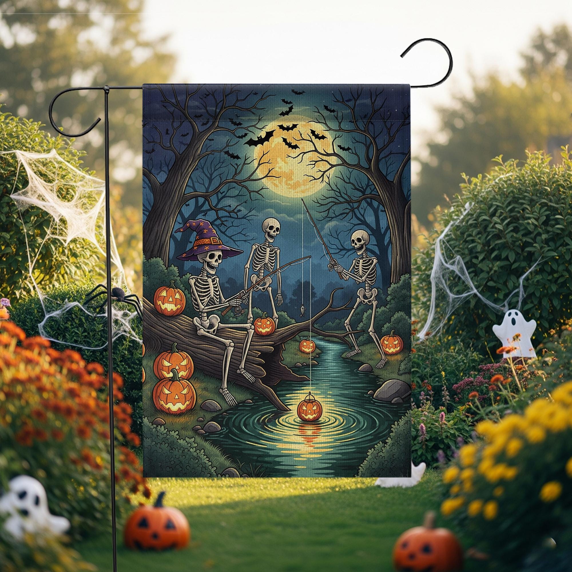 Skeleton Fishing Halloween Garden Flag – Spooky Moonlight Pumpkin Yard Flag, Creepy Skeletons Outdoor Halloween Decor