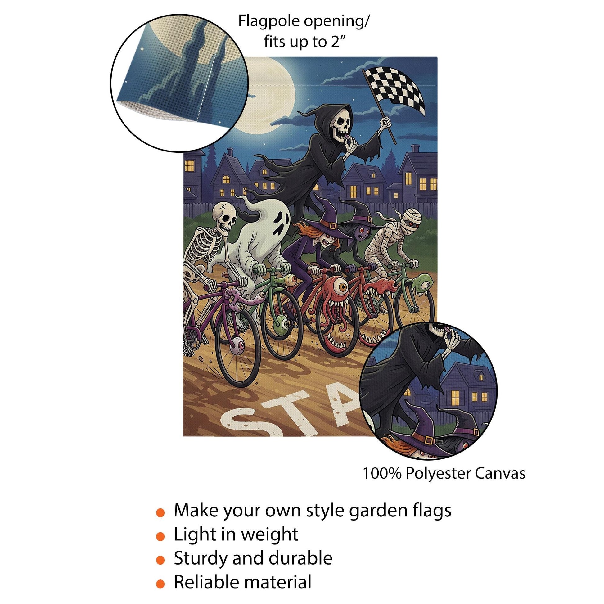 Halloween Bicycle Race Flag – Spooky Skeleton Ghost Witch Monster Bike Racing Garden Flag, Funny Outdoor Halloween Decor