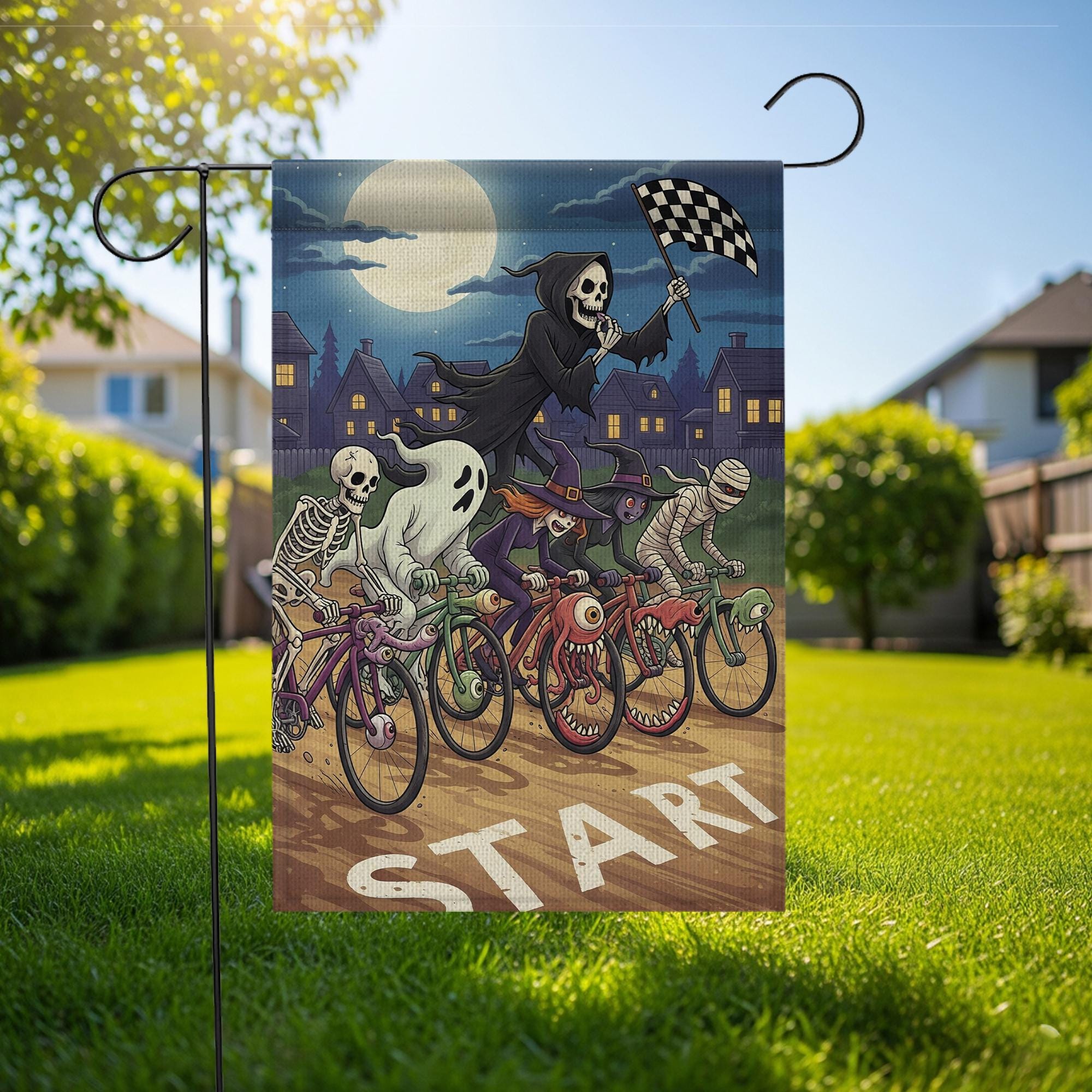 Halloween Bicycle Race Flag – Spooky Skeleton Ghost Witch Monster Bike Racing Garden Flag, Funny Outdoor Halloween Decor